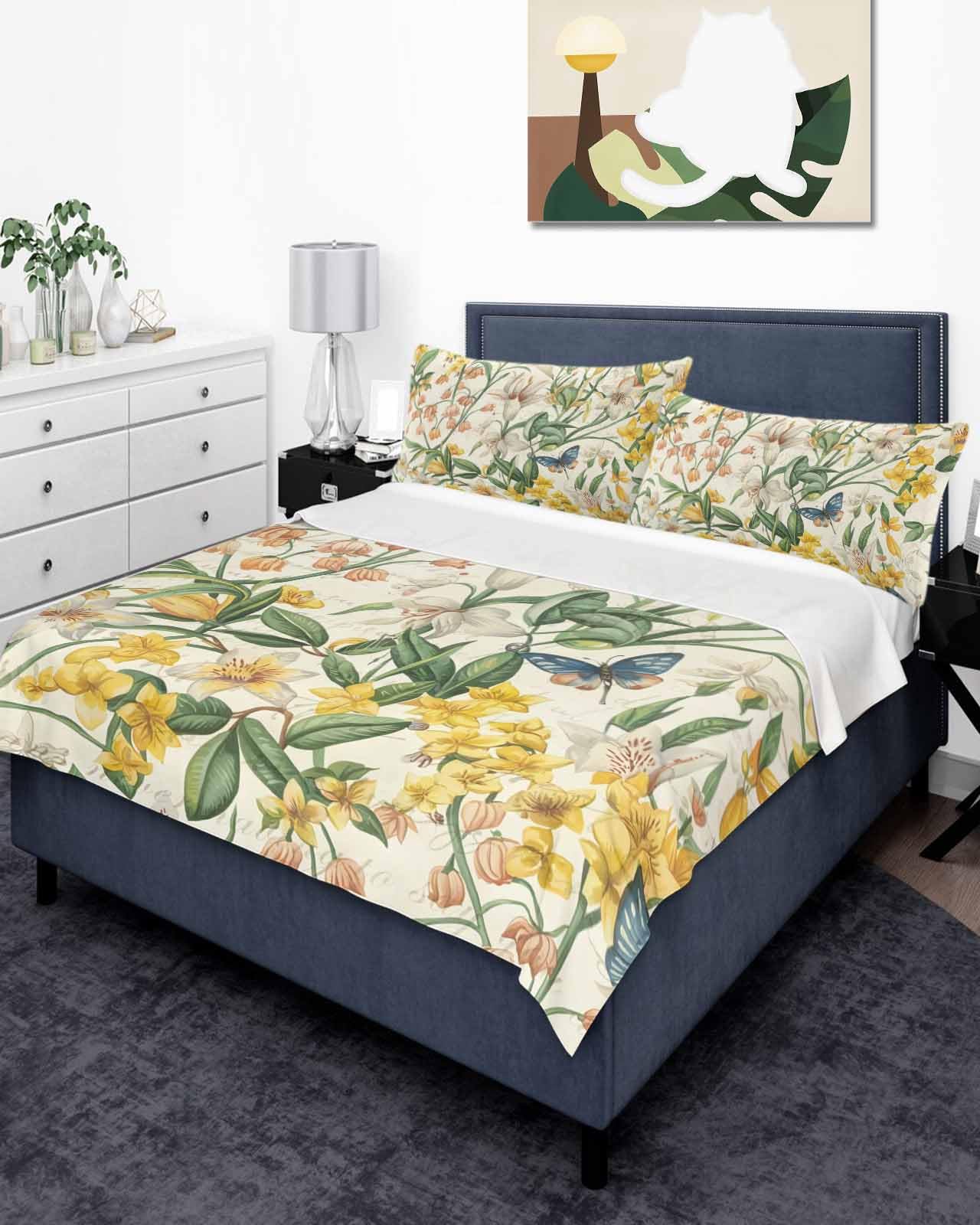 Queen Size Top Sheet Only, Farm Blossom Floral Butterfly Flat Sheet Microfiber Breathable Soft Bed Sheets, Watercolor Colorful Flower Leaf Hotel Bedding Flat Sheets for Bedroom
