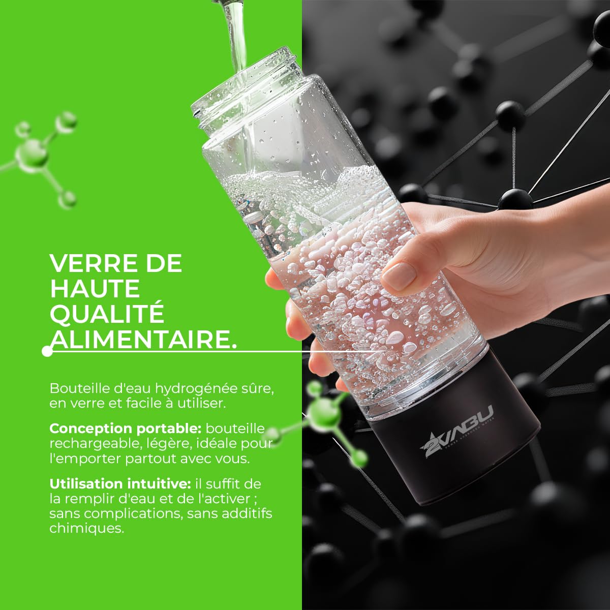 Molecular Sport - Bouteille d’Eau Hydrogénée - Jusqu’à 1400 PPB d’Hydrogène Moléculaire - Technologie SPE & PEM – 400 ml – Housse Protectrice Incluse