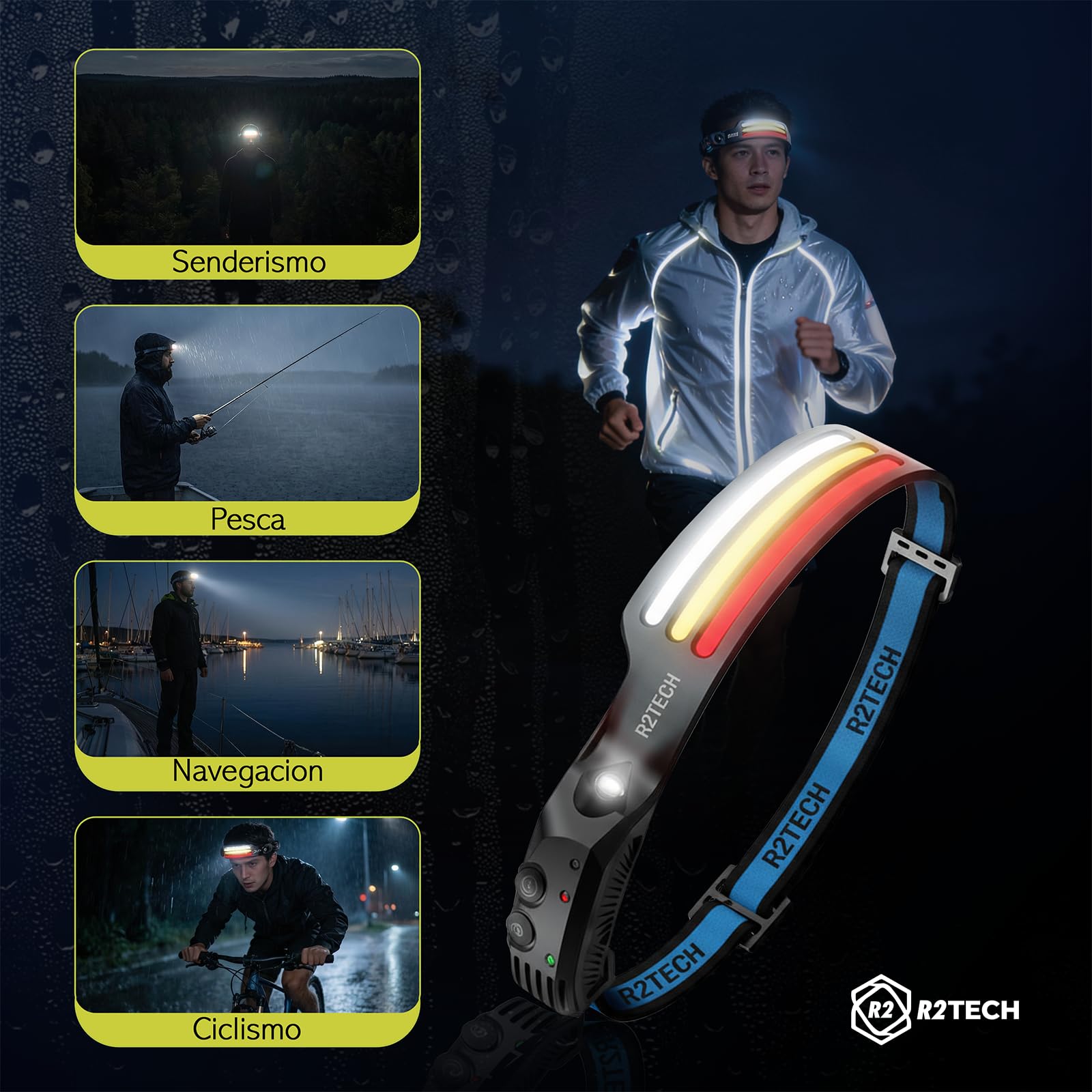 Linterna Frontal LED Recargable Alta Potencia con Luz Roja y Cálida para Running, Ciclismo, Pesca y Camping