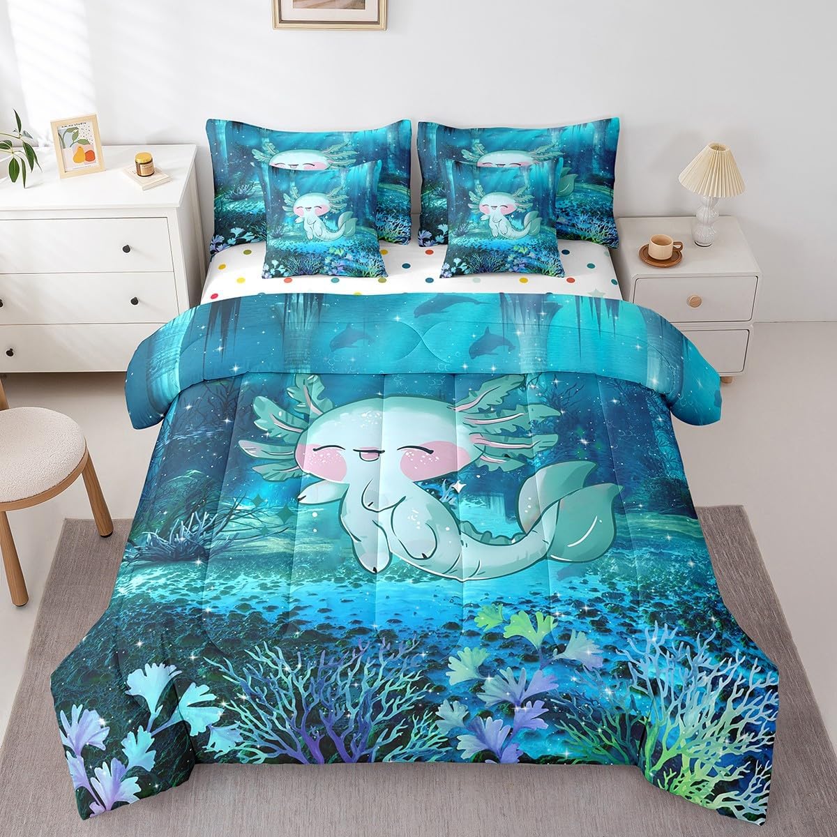 Manfei 7 Pieces 3D Print Axolotl Comforter Set,Cartoon Cute Ocean Animal Salamander Bedding Set,Teal Blue Undersea World (Comforter+Fitted+Flat Sheet+2 Pillowcases+2 Throw Pillow Covers),Full Size