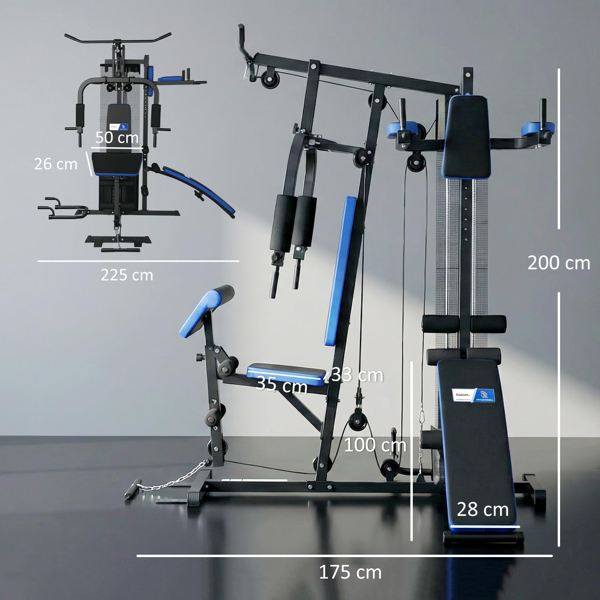 SPORTNOW Station de Musculation Multifonction Ajustable - Collaboration Aosom.FR x FFHandball - Banc Fitness 10 contrepoids 65 kg avec Filet de Protection Appareil de Musculation à Domicile