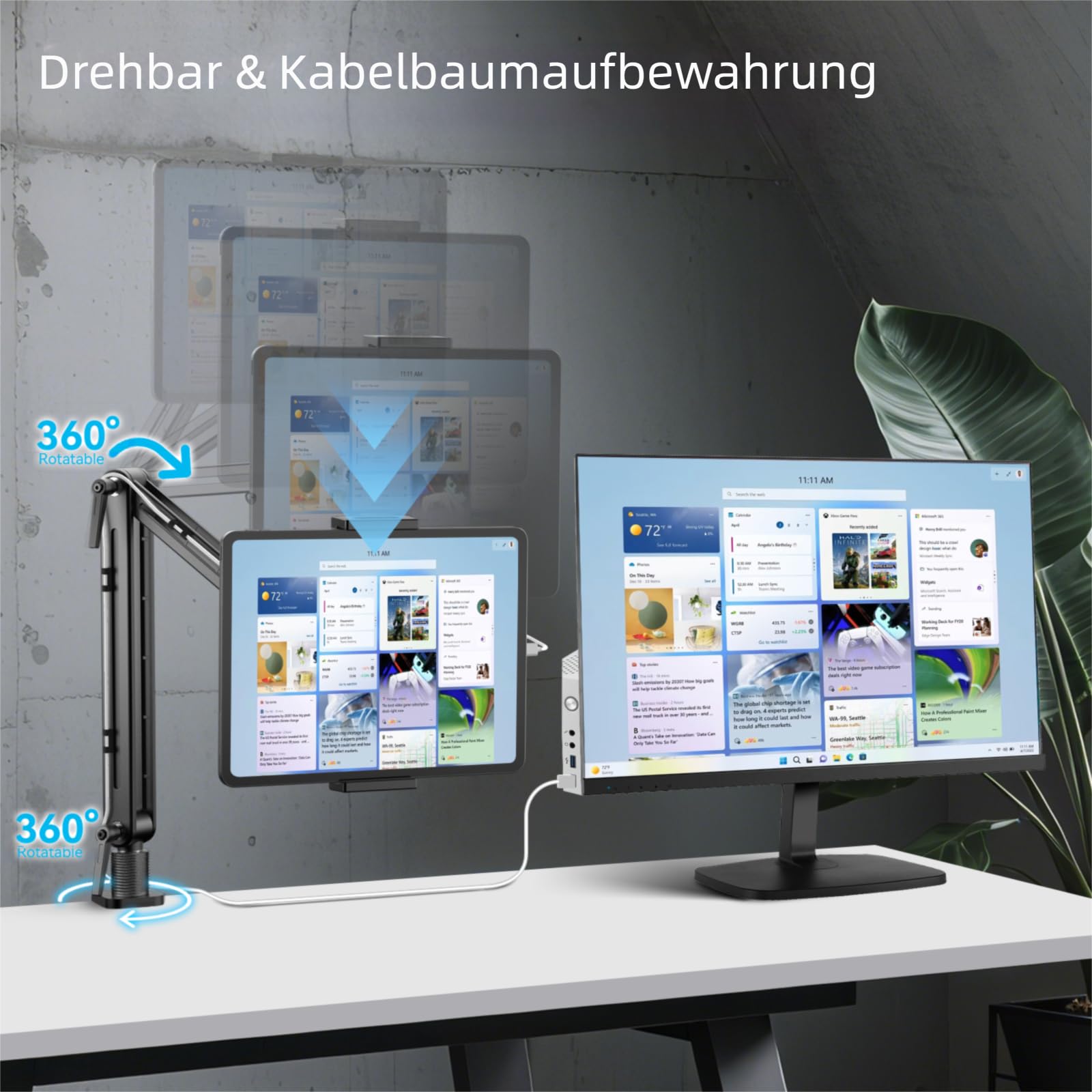 Aluminium Tablet Halterung mit Schwenkarm - 360° Drehbare Metallbasis, Flexibler Arm, Kompatibel mit iPad Air/Pro/Mini, Samsung Galaxy (15.6in)