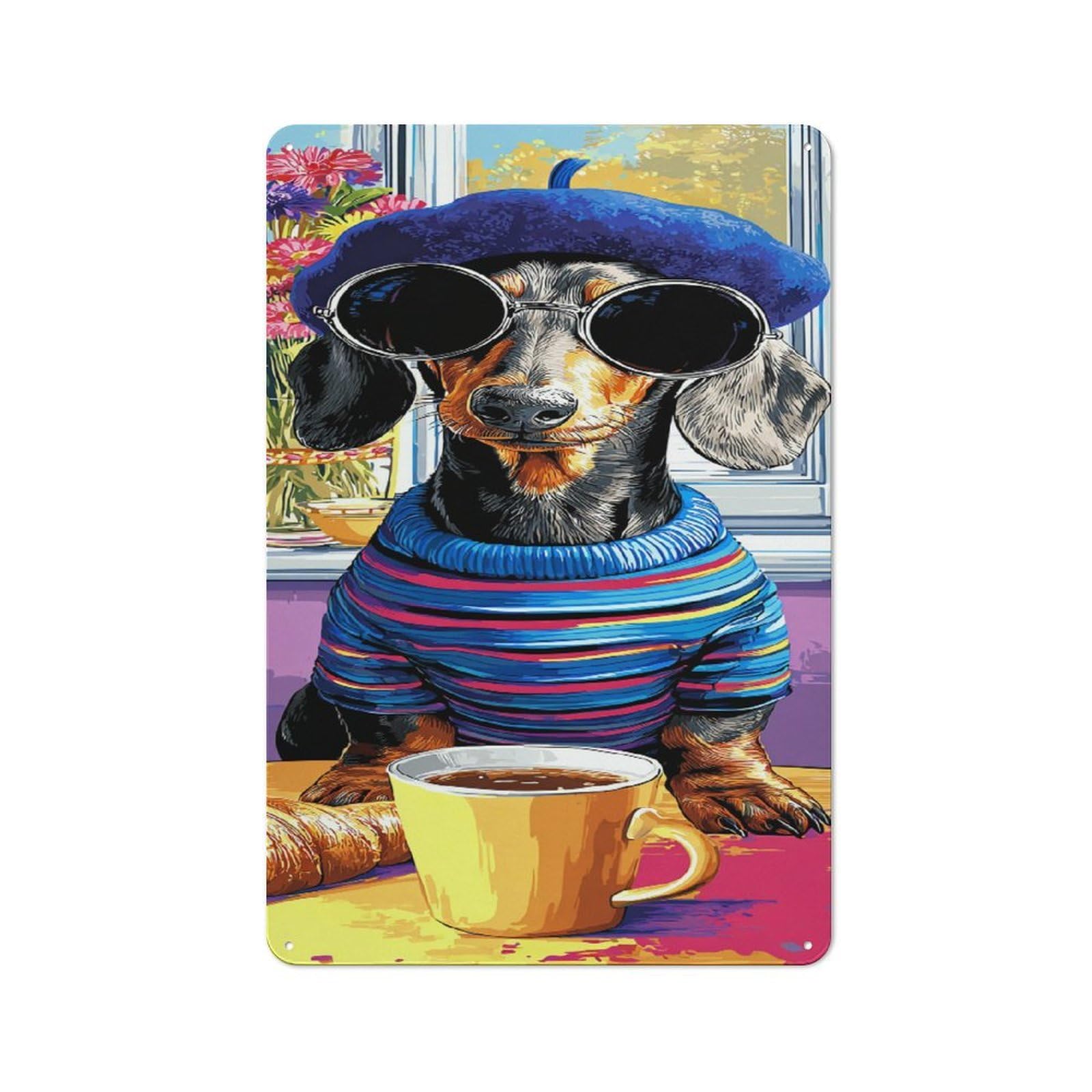 Junmoney Chic Dachshund In Beret With Coffee Metal Wall Sign With Design 30X20cm, Loft Style Studio Wall Art For Flat, Bar, Studio Or Gallery Wall