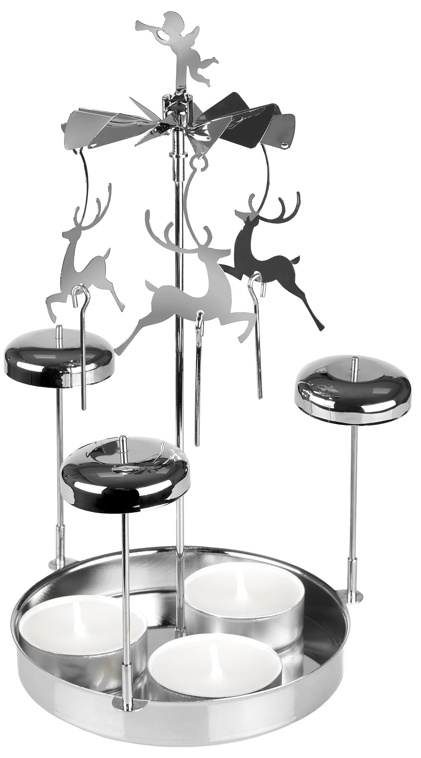 BRUBAKER Metal Chimes - Carousel Candle Holder with Reindeer incl. 3 Tealights - Rotating Table Pyramid - Candle Holder Tealight Carousel for Christmas Table Decoration - Silver