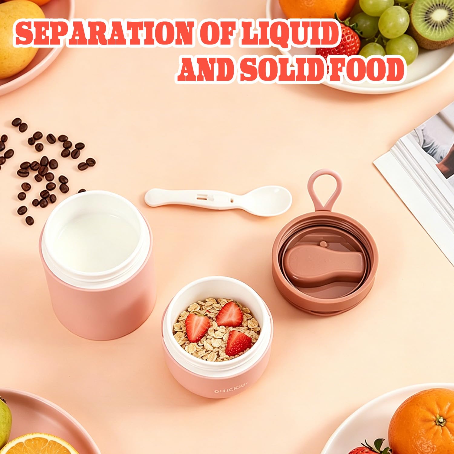 2 Stk Müslibecher To Go mit Deckel, PP-Material Porridge Becher 730ml Auslaufsicher Joghurtbecher to go mit Löffel, Doppelschicht Auslaufsicherer Einmachgläser Perfekt für Arbeit Schule Picknick