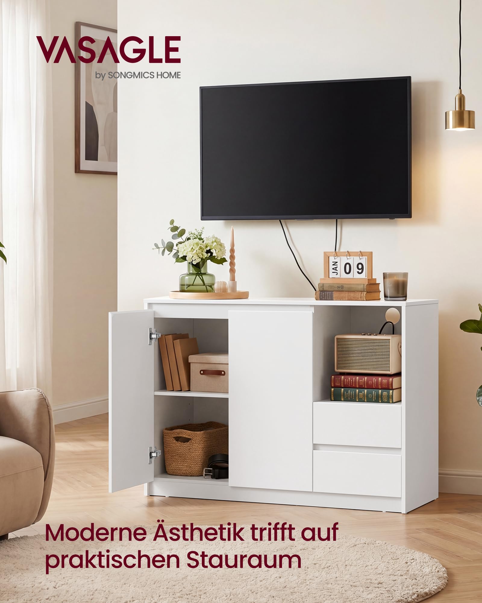 VASAGLE Aufbewahrungsschrank, Sideboard, Küchenschrank mit Türen, höhenverstellbare Ablagen, 3 Schubladen, modern, 40 x 103,3 x 74 cm, für Wohnzimmer Küche Arbeitszimmer, weiß-grau BBK273W21