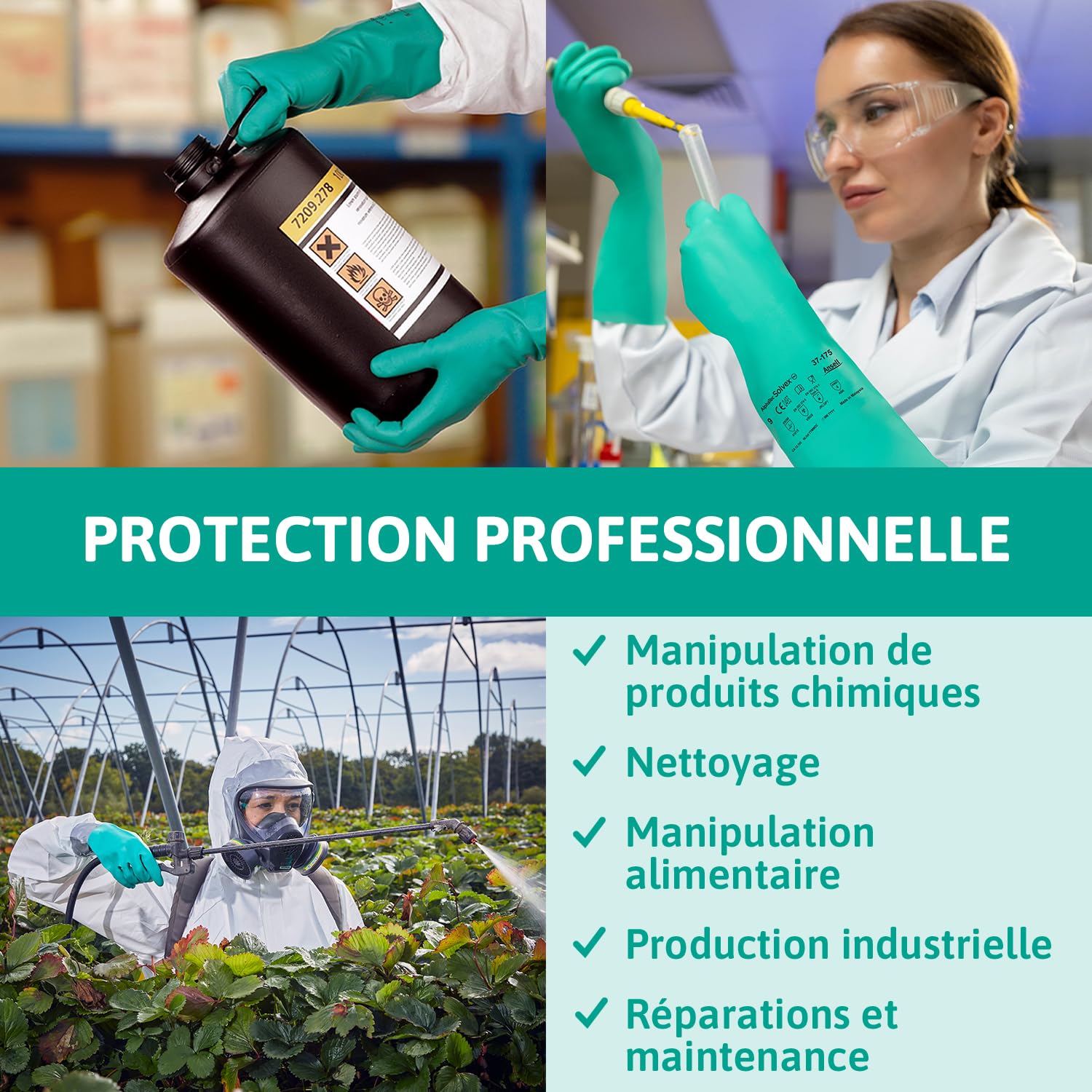 Ansell AlphaTec 37-675, Gants en nitrile résistant aux produits chimiques, Gants de travail imperméables, Gants de protection sans latex, Alimentation et nettoyage, Verts, Gants nitrile 2XL 12 paires