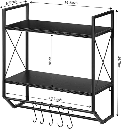 Miniatura 3 de Toallero de baño de 2 niveles, soporte para toallas de pared con estante, estantes de baño con toallero y ganchos, estante de pared industrial sobre