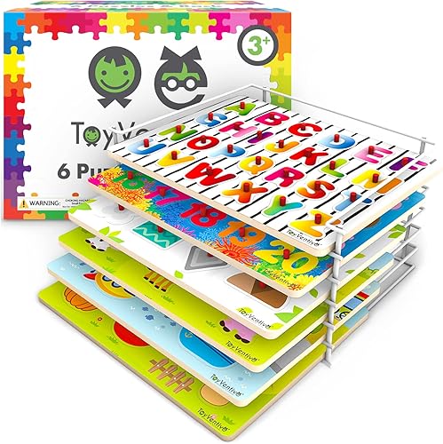 TOYVENTIVE Rompecabezas de madera para niños pequeños paquete de 6 con soporte de rompecabezas de alambre para niños juguetes de aprendizaje