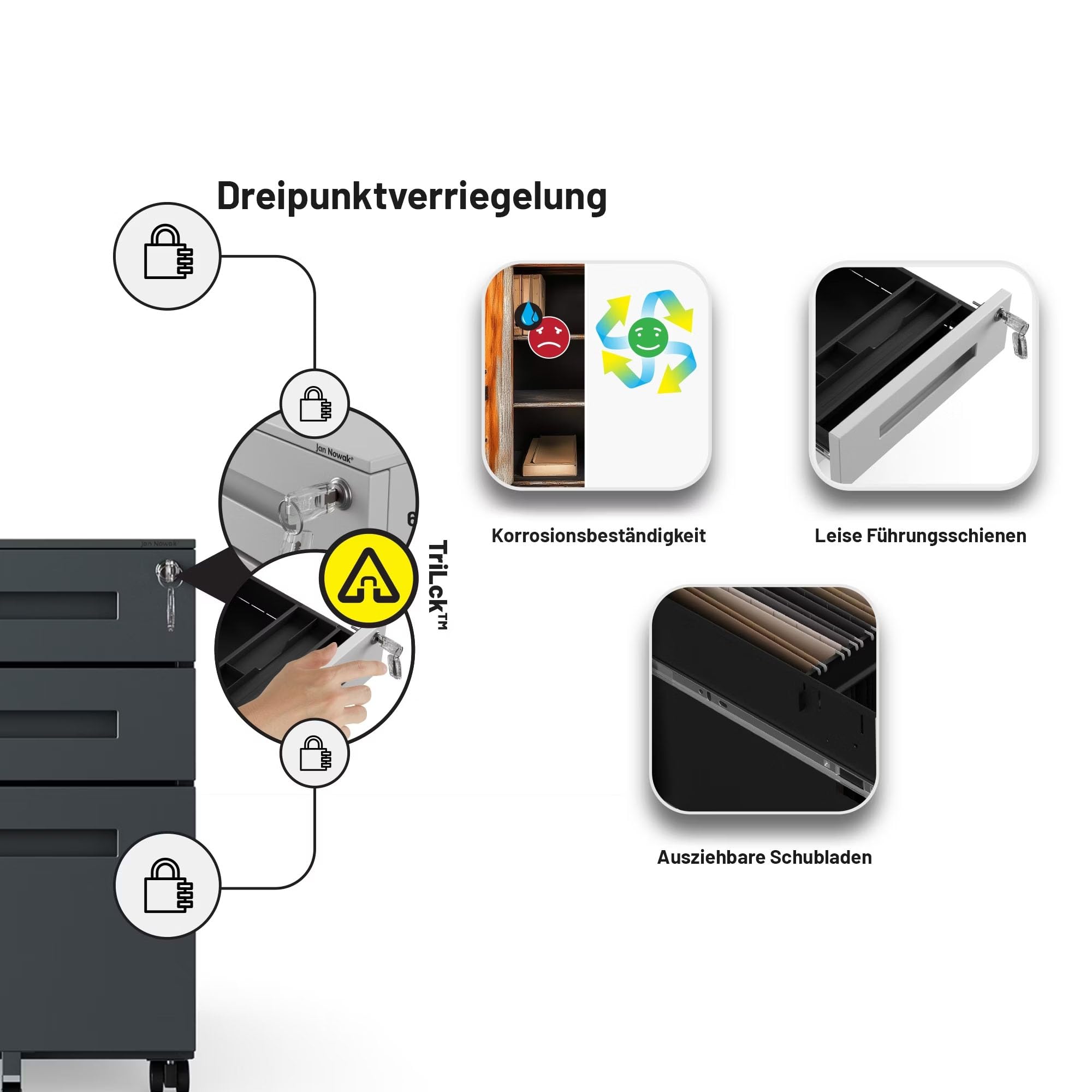 Jan Nowak Rollcontainer Bürocontainer Schubladenschrank Rollen 39x60x50 cm | Schreibtischcontainer, Rollwagen mit Schubladen, mobile Büroaufbewahrung für Unterlagen, Zubehör und Arbeitsplatzorganisation