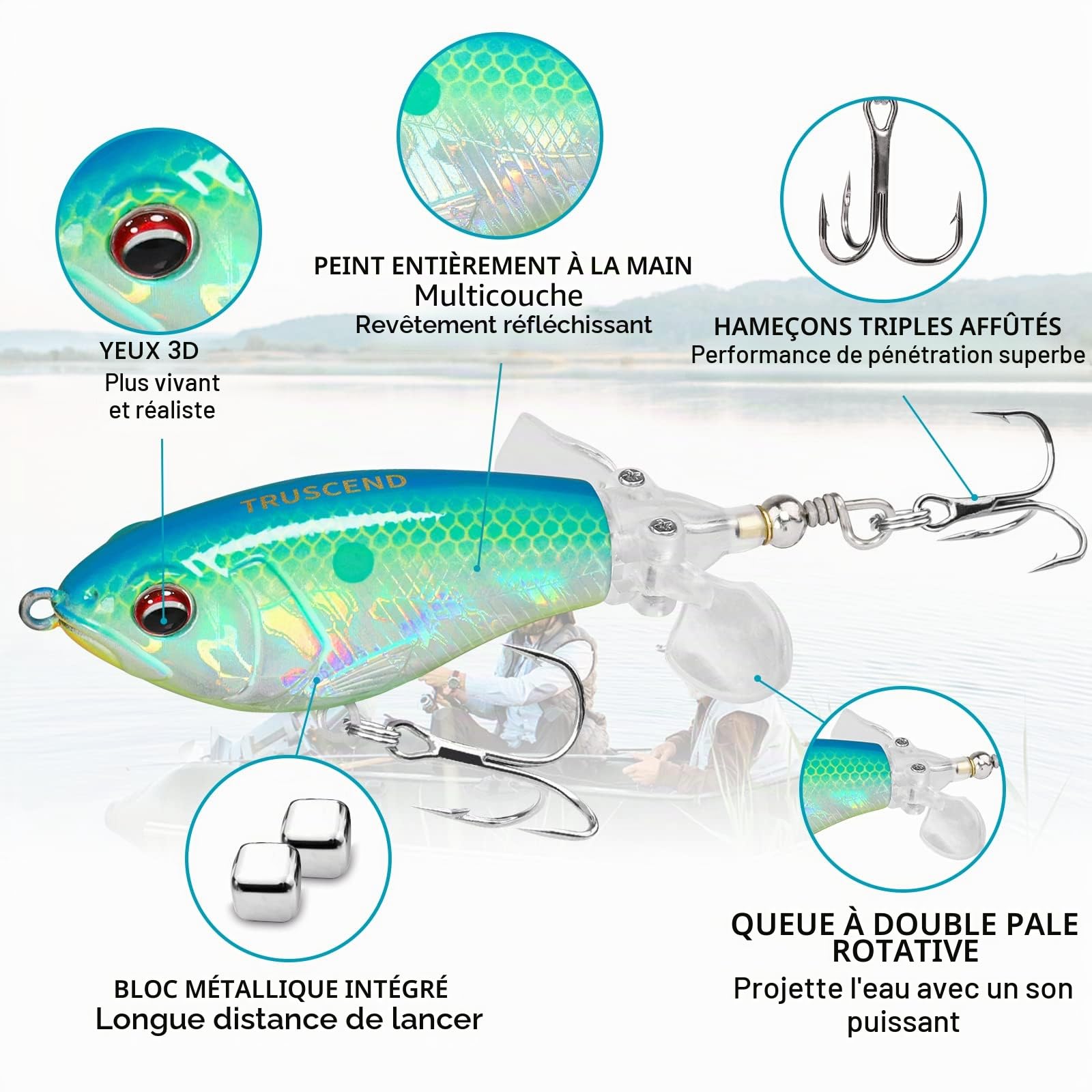 TRUSCEND Easy Catch Popobait avec Hameçon BKK, Équilibre Parfait Entre Son, Éclaboussure et nage, Leurre de Surface Whopper Popper, Leurre Popper Topwater pour Brochet, Perche, Truites, Basse, Silure