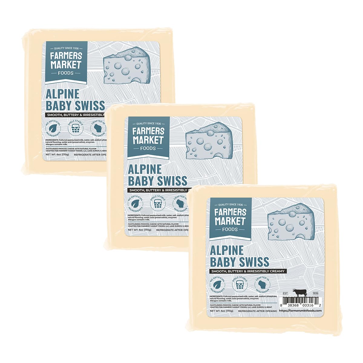 Farmers Market, Gluten Free, Keto, Paleo, Low Sodium, Zero Sugar, Wisconsin Cheese Gift Sets, 3-Pack, Alpine Baby Swiss