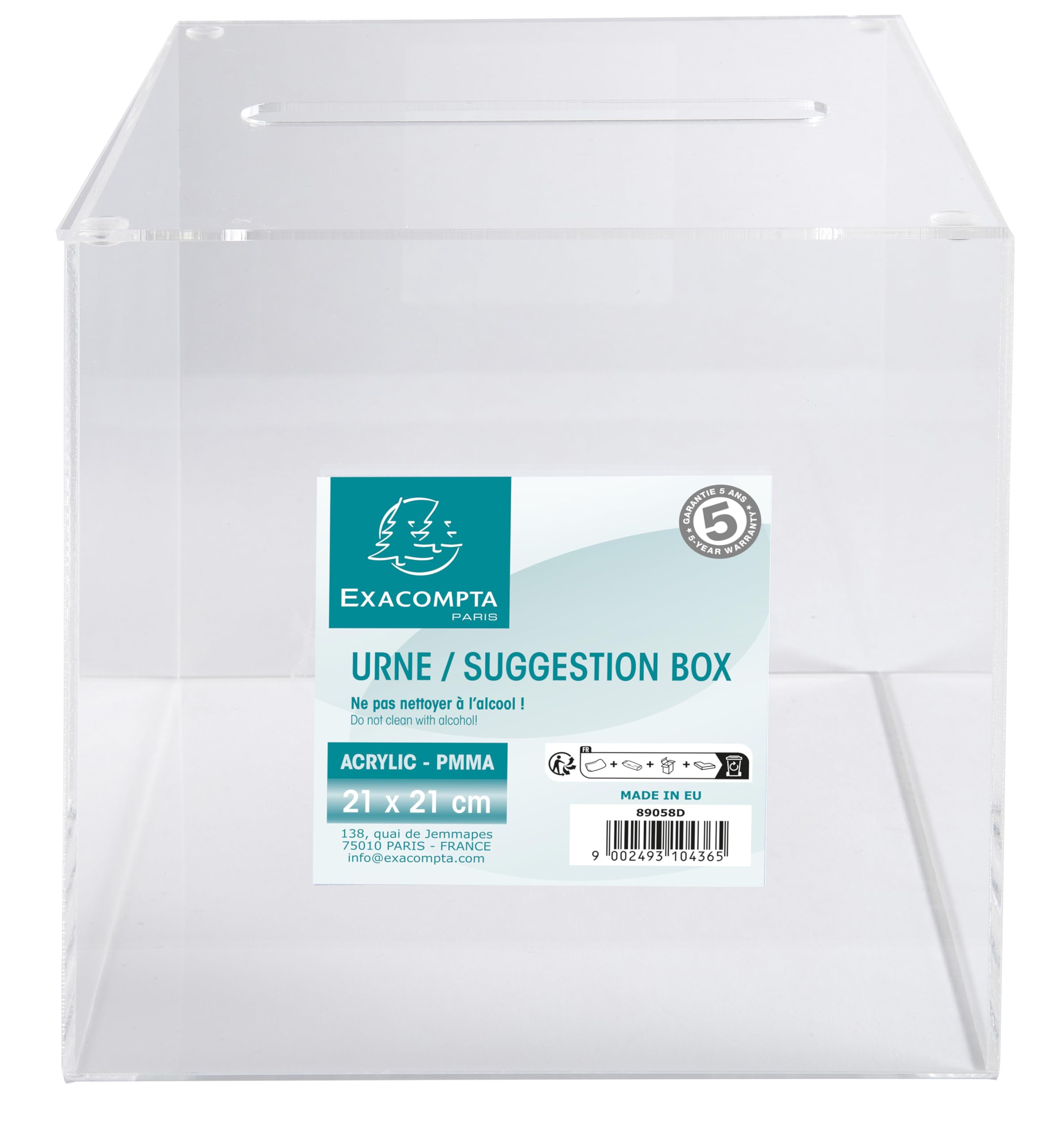 Exacompta - Réf. 89058D - 1 Urne transparente avec couvercle 21 cm - Dimensions 210 x 210 x 210 mm - PMMA (acrylique) scrutins, concours, tombolas, dons caritatifs, boîte à idée - Couleur Cristal