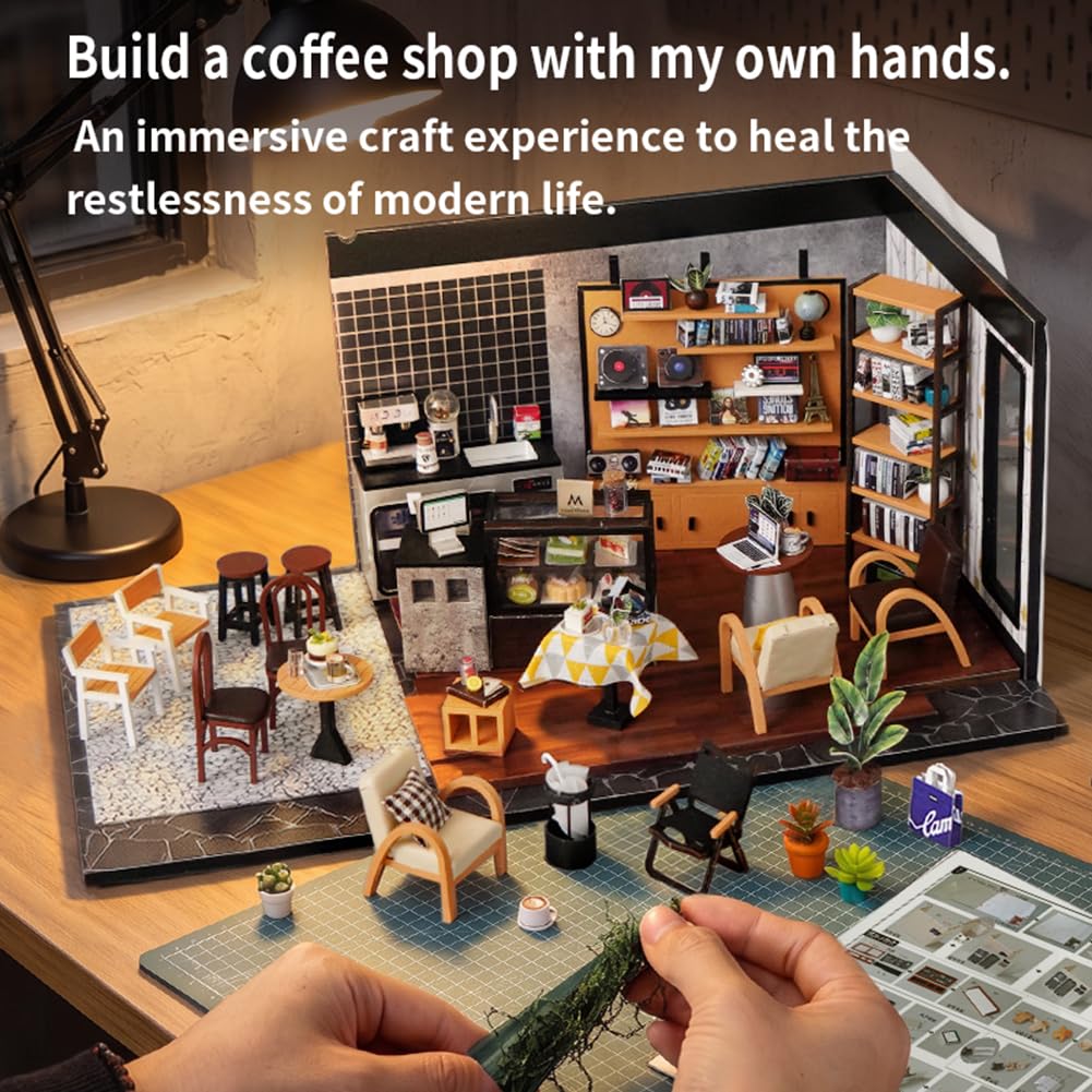 Kit de construction de maison miniature à faire soi-même, scène de café avec éclairage LED et œuvre musicale, modèle de décoration artisanal fait à la main pour décoration de bureau et de salon