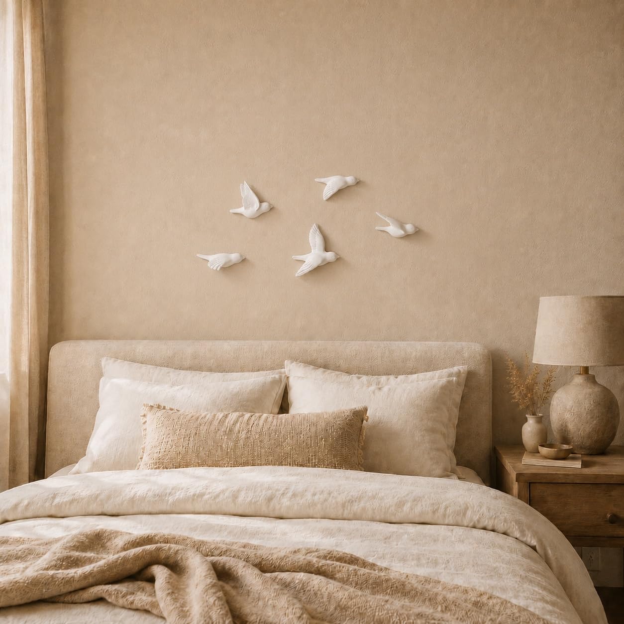 Boho Wanddeko Vögel Set aus Keramik 5er Set Weiß Matt Minimalistische Wanddeko