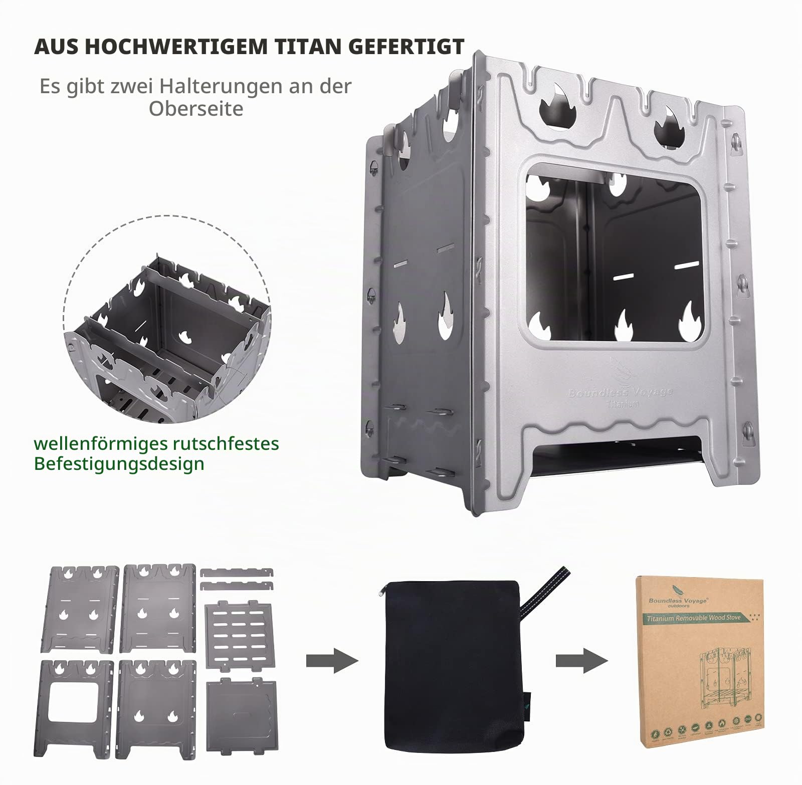 iBasingo Titan Herd Camping Kocher Holzofen Tragbarer Brenner Outdoor Abnehmbare Bushbox mit Topflappen Leichter Lagerfeuer BBQ Holzkohlekocher Fester Alkoholerhitzer Picknick Küchen Kochset Ti2008C
