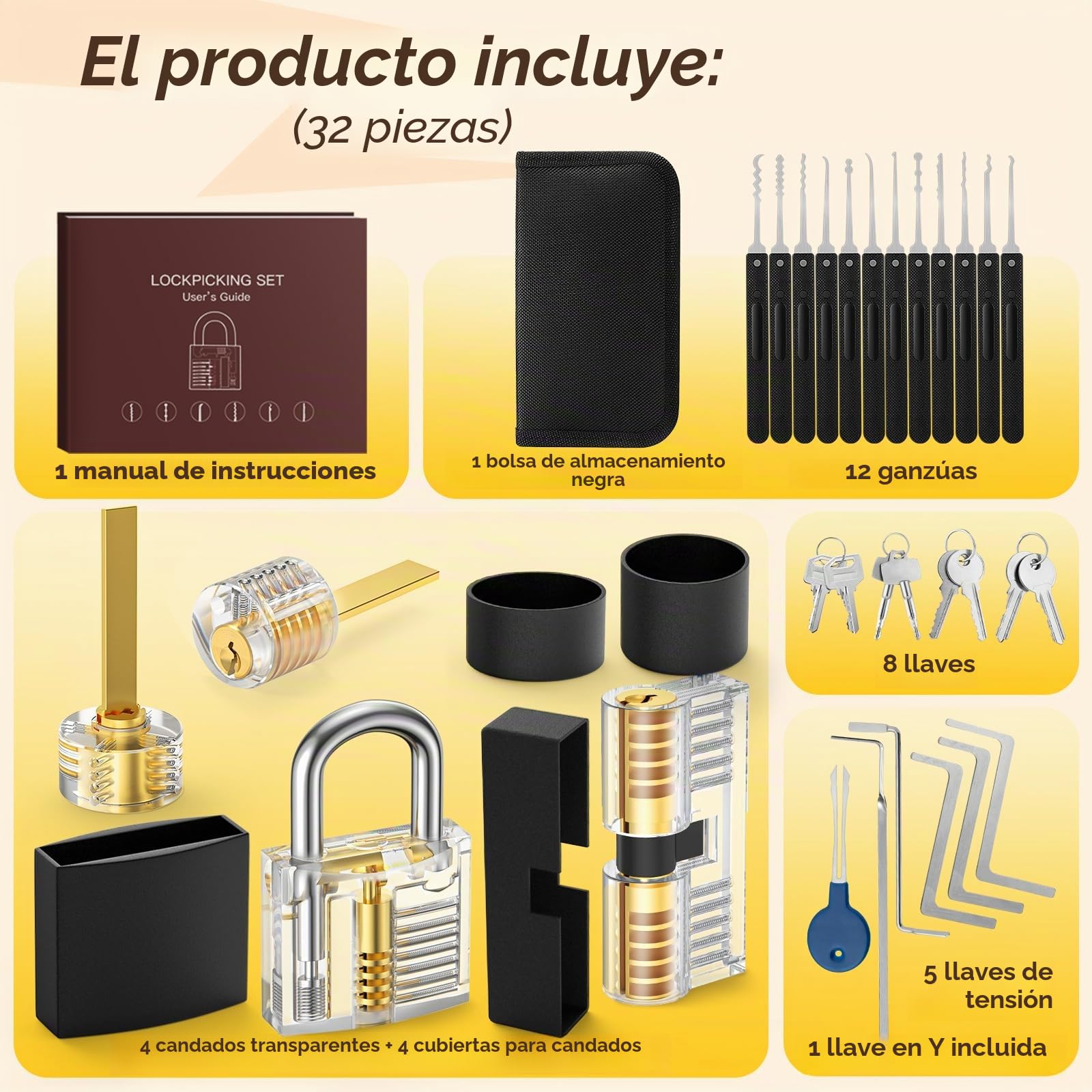 IPSXP Juego de Ganzuas, 32 piezas Ganzúas de Cerrajería con 4 cerraduras de entrenamiento transparentes y bolsillo con cremallera, GuíA Para El Entrenamiento De Principiantes Y Cerrajeros