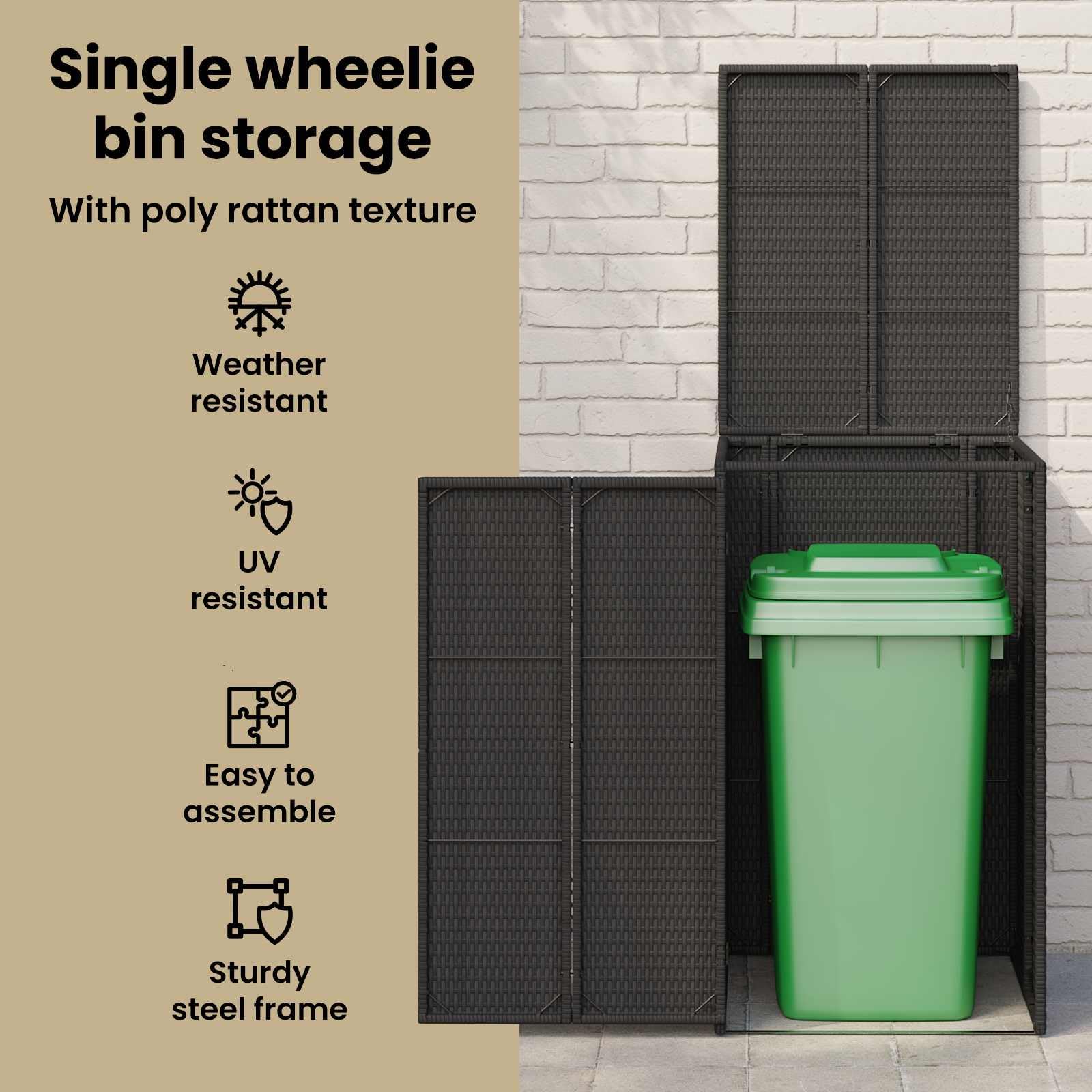 vidaXL Mülltonnenbox Schwarz 65 x 80 x 115 cm Polyethylen, Garten und Terrasse, moderner Lagerbehälter, wetterfester Box für Müll oder Terrassen-Zubehör