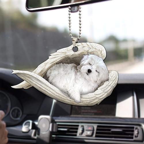 Talataca Ángel dormido maltés conmemorativo blanco cachorro perro mascota lindo 2D plano coche espejo retrovisor accesorios de árbol de Navidad