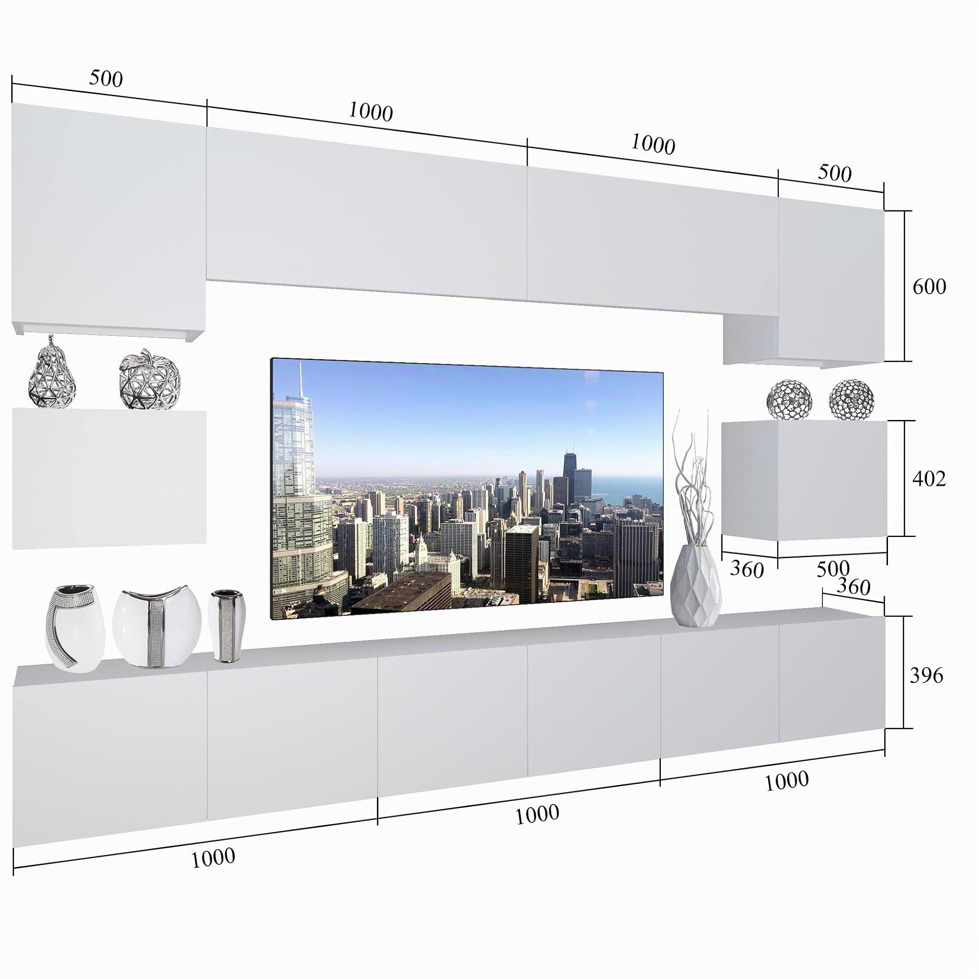 BELINI - Unità a Parete TV NEX I Set Completo di Mobili per Soggiorno I Set Mobile TV con Illuminazione LED I Dimensioni: 300 x 180 x 36 cm I Colore: Bianco Lucido
