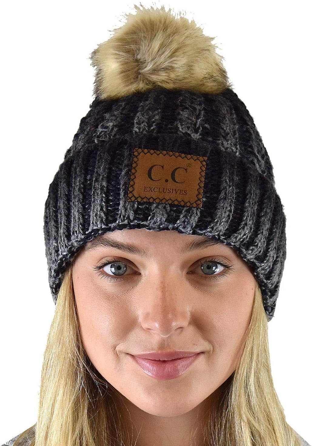 C.C Thick Cable Knit Faux Fuzzy Fur Pom Skull Cap Cuff Beanie