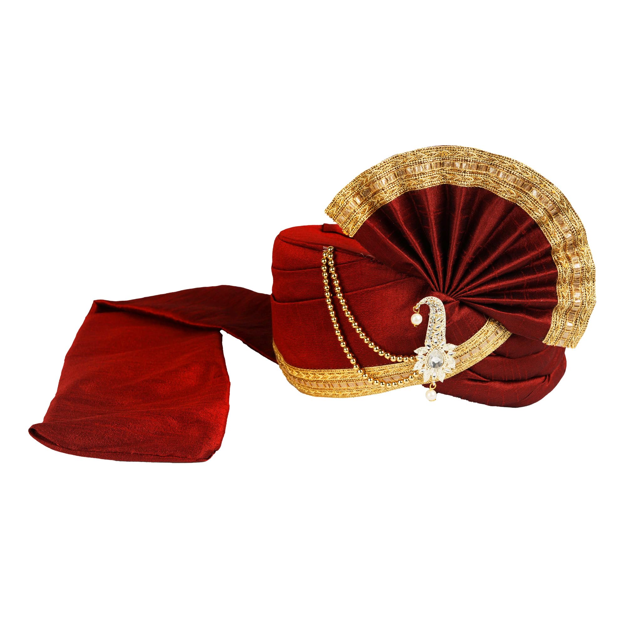 priyakant safawala Men's Traditional Wedding Collection Dupion Handcrafted Safa (Pheta/Pagdi/Turban) for Wedding and Engagement (Maroon, Free Size, Adjustable Velcro)-picture-53