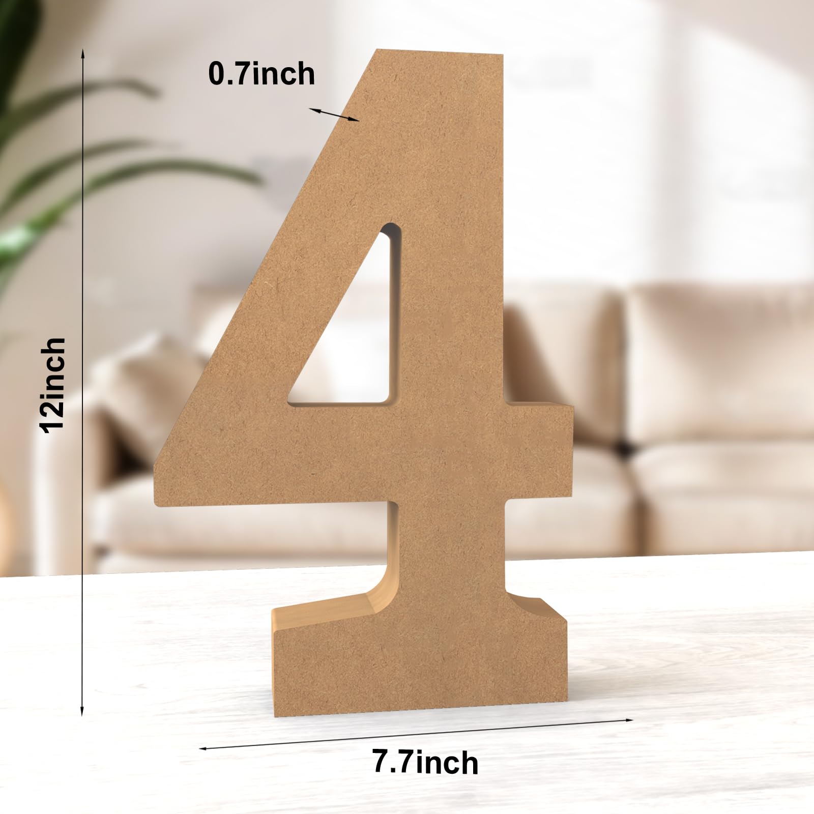 Aruatu 12 Inch Balsa Wooden Numbers (4 Pack) for Wall Decor & Craft Projects, Wooden-Four - Image 2