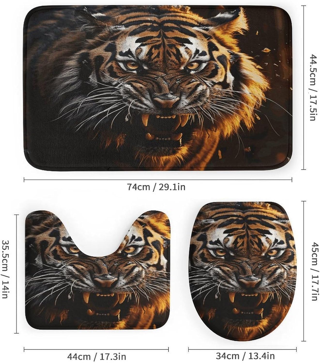 Ferocious Tiger 4Pcs Shower Curtain Set with Non-Slip Rugs, Toilet Lid Cover and Bath Mat,Bathroom Set Decor Accessories,Curtain Set with 12 Hooks, 72 X 72 Inch