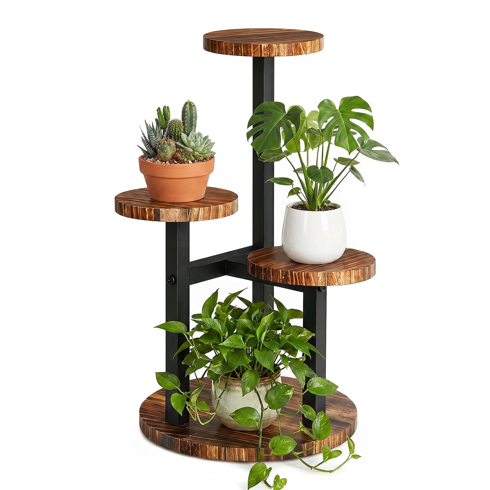 Joyseedi 4 Tier Metal Plant Stand Indoor Corner Flower Holder for Multiple Plants, Round Plant Shelf for Patio, Balcony, Living Room, Bedroom – Black & Brown