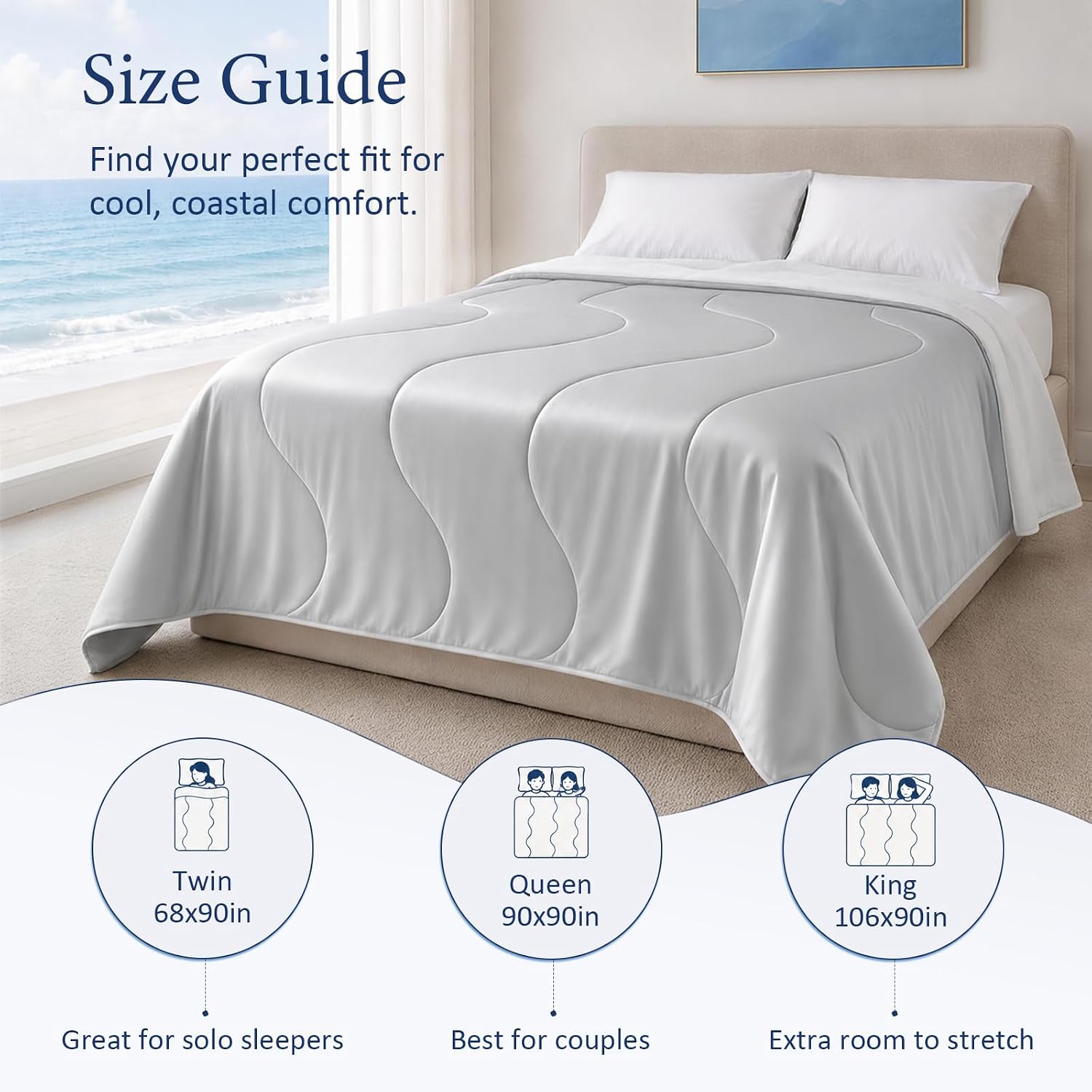 Cooling Comforter for Hot Sleepers, Queen 90x90, Silver Gray | Cooling blanket feel, Q-Max >0.4 cool touch, double-sided cooling, Sorona fill, for night sweats, lightweight & breathable