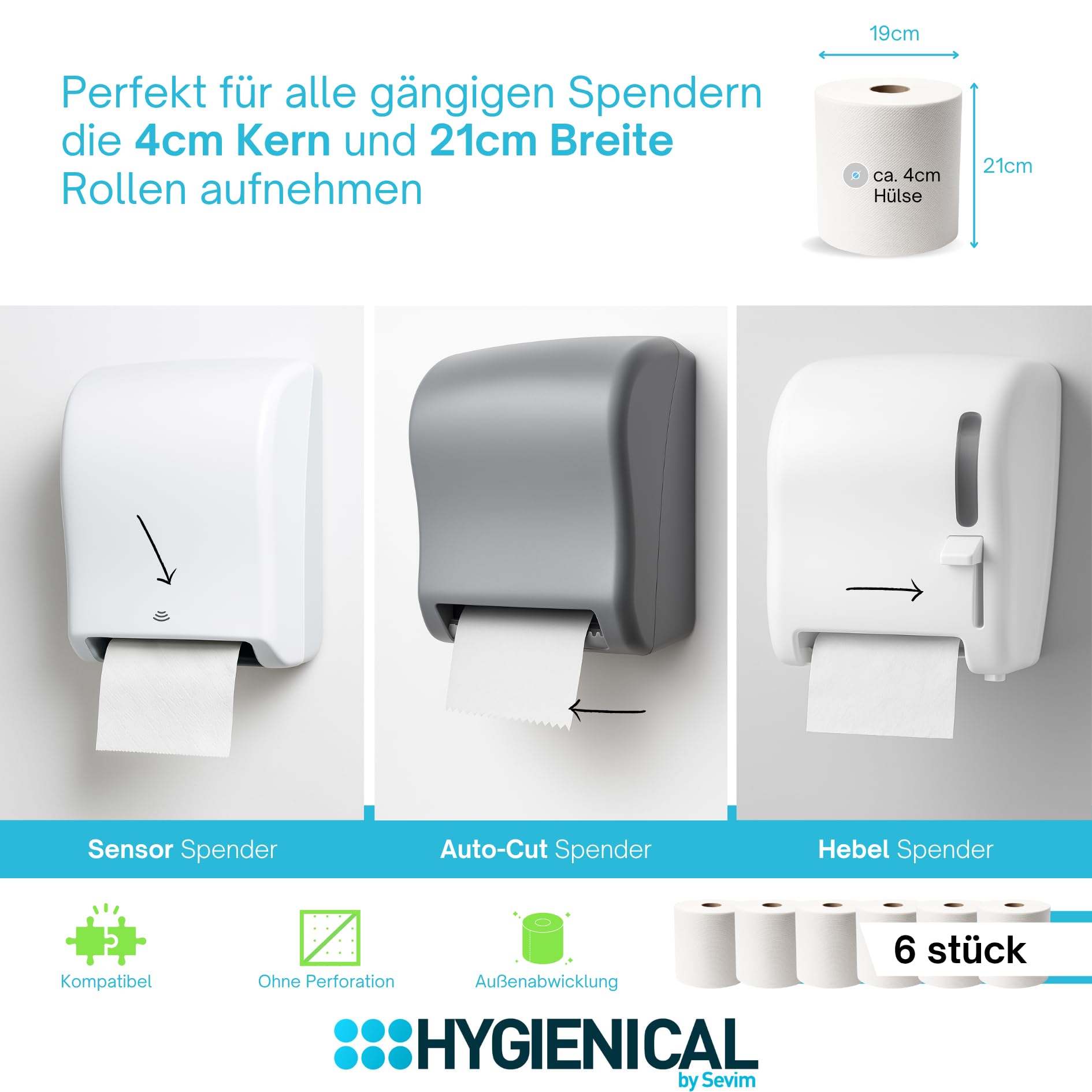 6 Premium Handtuchrollen 2-lagig – 100 % Zellstoff, 21 cm breit – Für Spender mit Außenabwicklung | Weiche & saugstarke Papierhandtücher für Gastronomie, Büro & Werkstatt