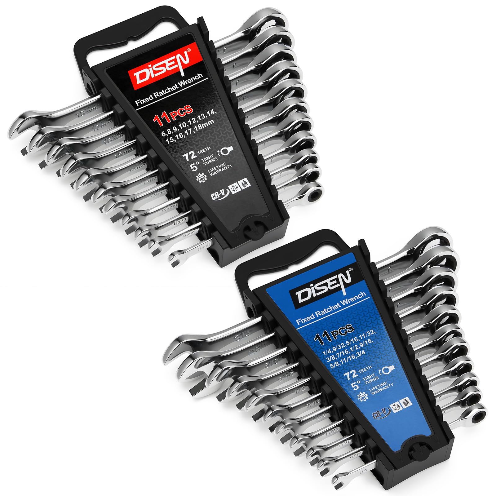 DISEN Ratcheting Wrench Set, 22Pcs IN/MM Combination Wrench set with Organizer Pouch,12 Point Ratchet Wrench, 72-Tooth Box End and Open End Wrench Set, Chrome Vanadium Steel