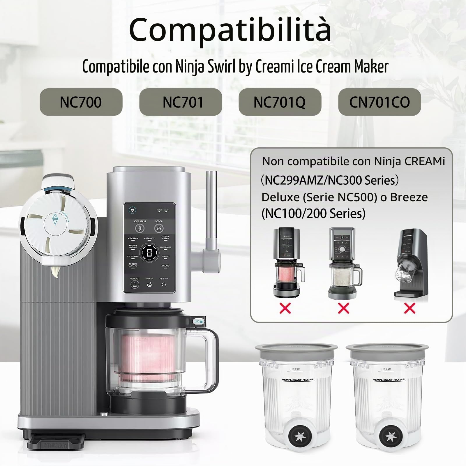 Contenitori Compatibili con Ninja Swirl by Creami, Confezione da 2 Pinte e Coperchi per Gelato Ninja NC700 e NC701,Senza BPA, Lavabile in lavastoviglie(Grigio,2 Pezzi)