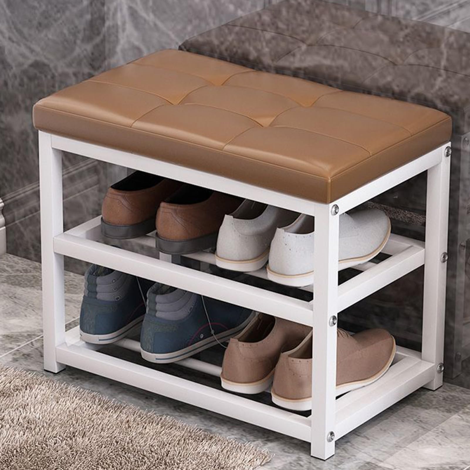 Étagère à chaussures élégante avec assise rembourrée pour organiser l'entrée