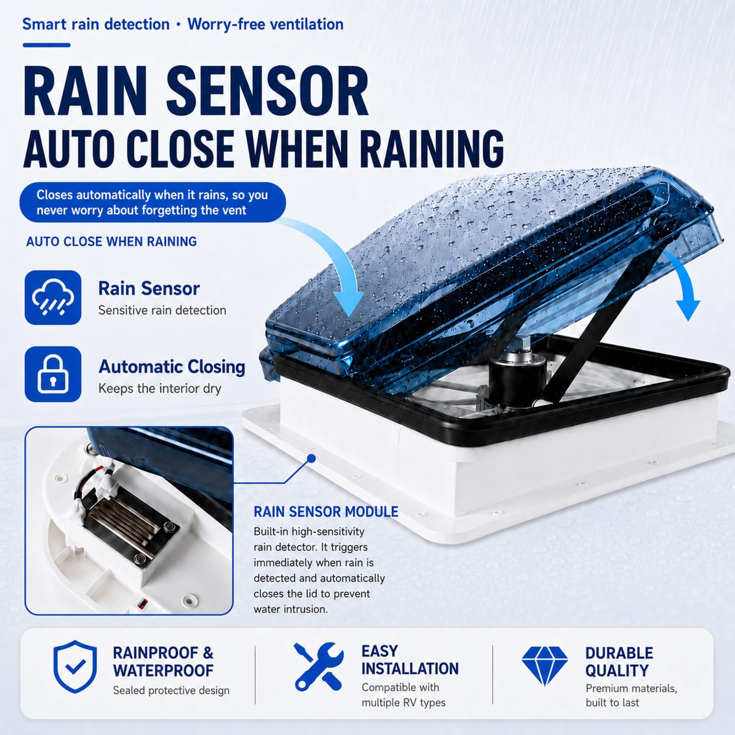 Wentylator do kampera 12 V z dwukierunkową wentylacją, światłem LED i kontrolerem, regulowany obrót do przodu/do tyłu, 6-biegowy do kamperów, przyczep kempingowych, kamperów