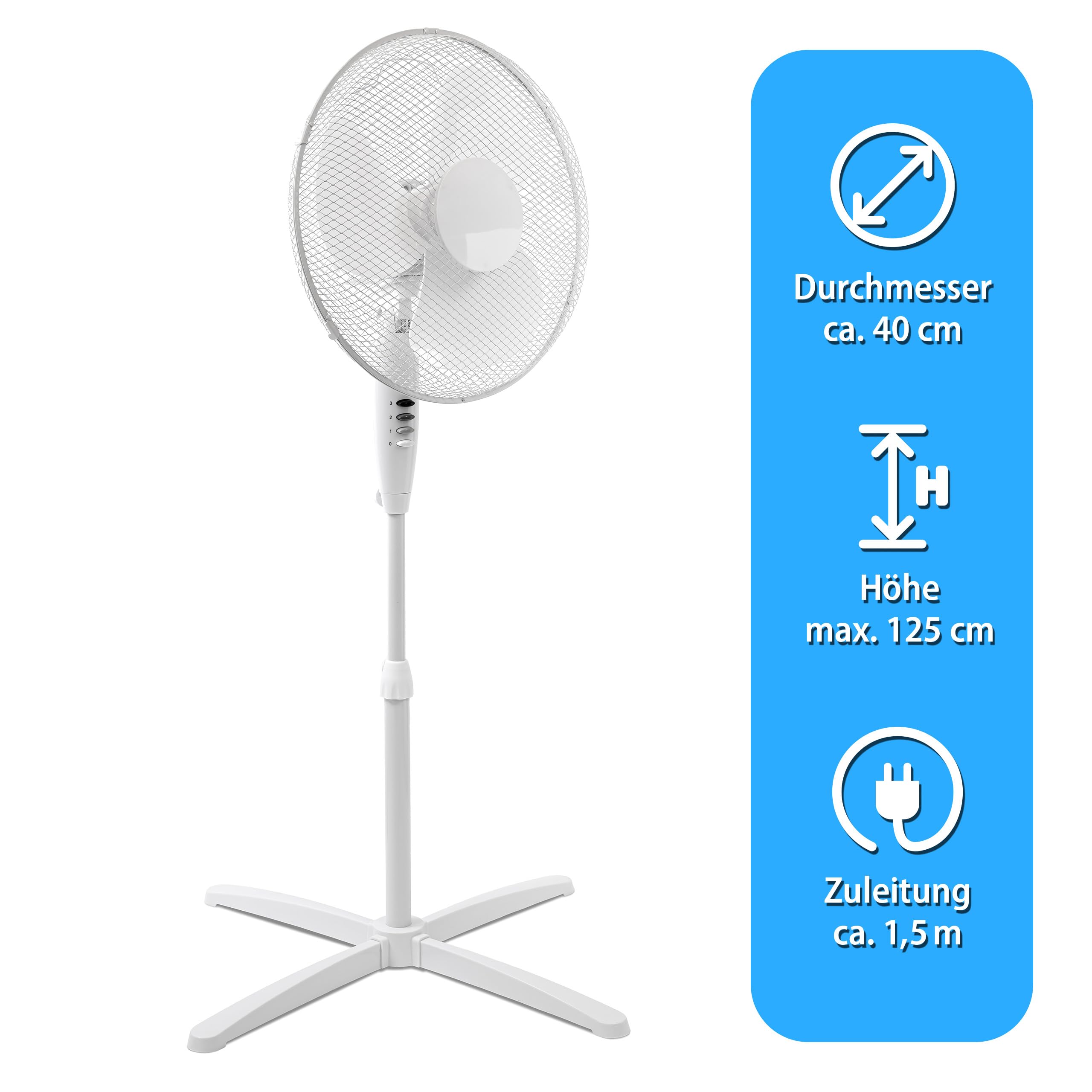 ITO Electronics Wentylator podłogowy, Średnica 40 cm, oscylacyjna + regulowana 3-biegowa, regulowana wysokość/nachylenie, 40 x 14 x 125 cm, kolor: biały