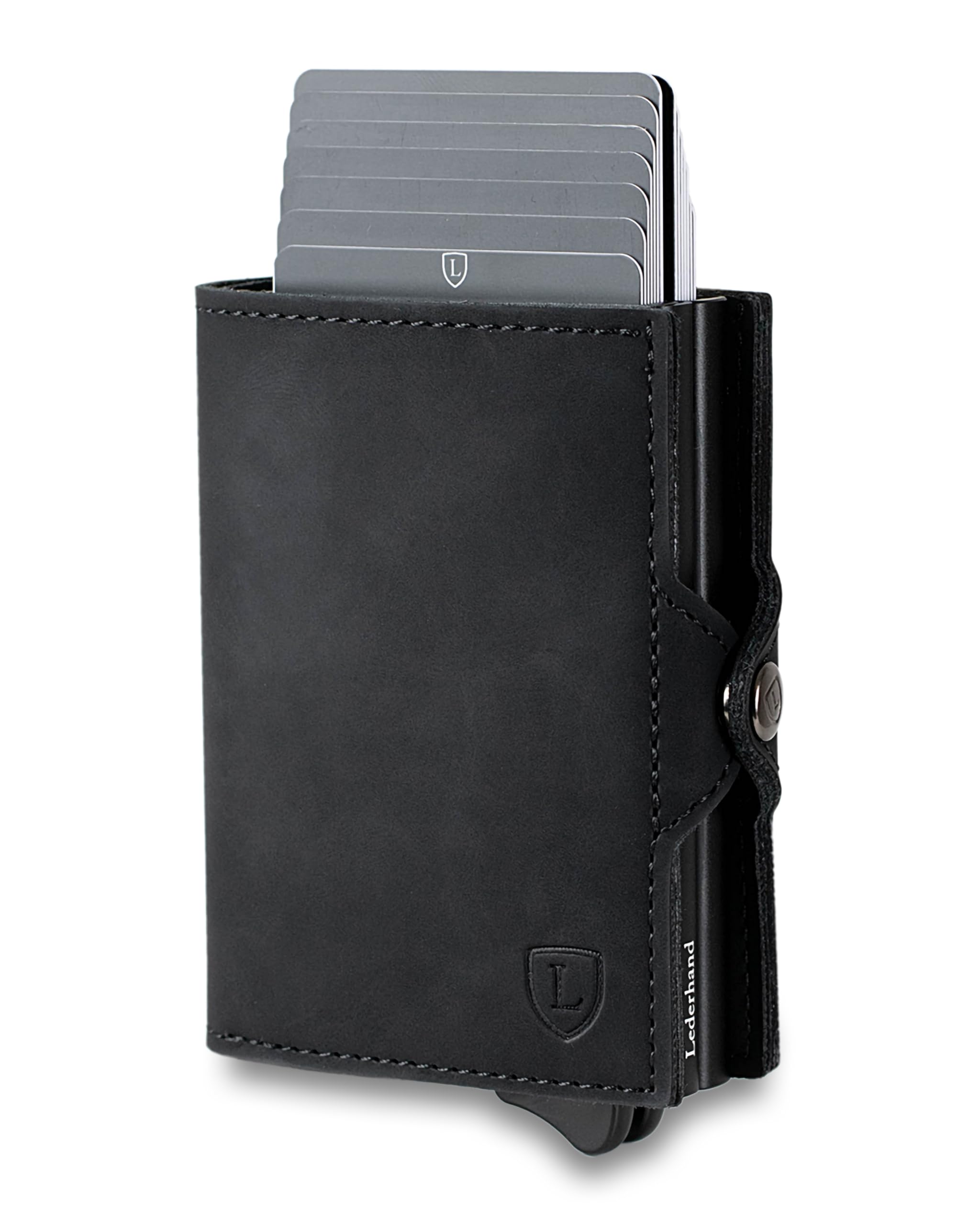 Lederhand® Swipe Vintage XL – Premium Wildleder Geldbörse handgemacht für Herren und Damen Portemonnaie Aluminium Kartenhalter mit Münzfach und Platz für 17 Karten mit RFID NFC Schutz | Schwarz