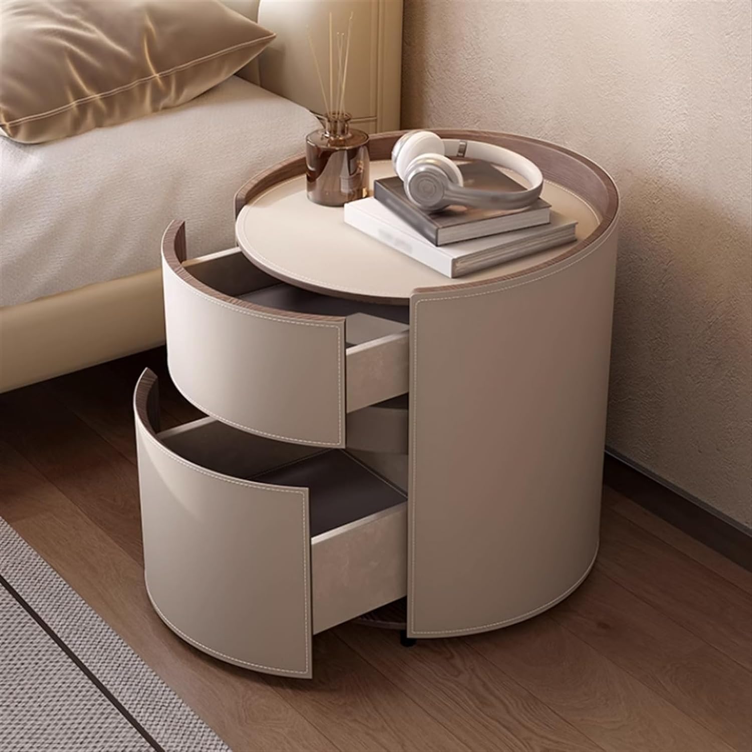 PEYNIR Comodino Rotondi in Pelle Artificiale con 2 Cassetti, Set di 2 Comodini Letto Color Kaki