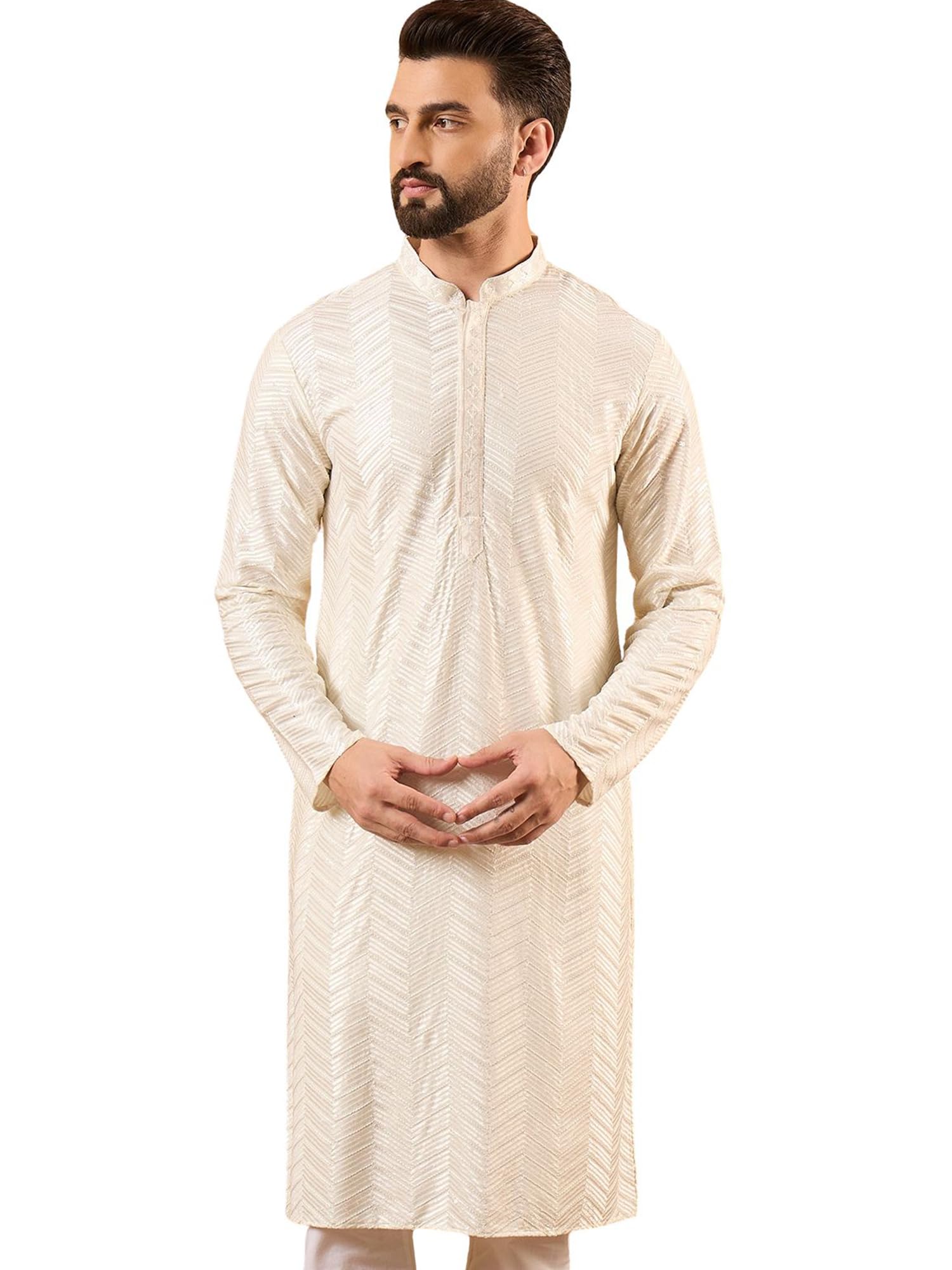 ethnic bay Men's Off White Viscose Rayon Embroidered Long Kurta | Mens Kurtas-picture-50