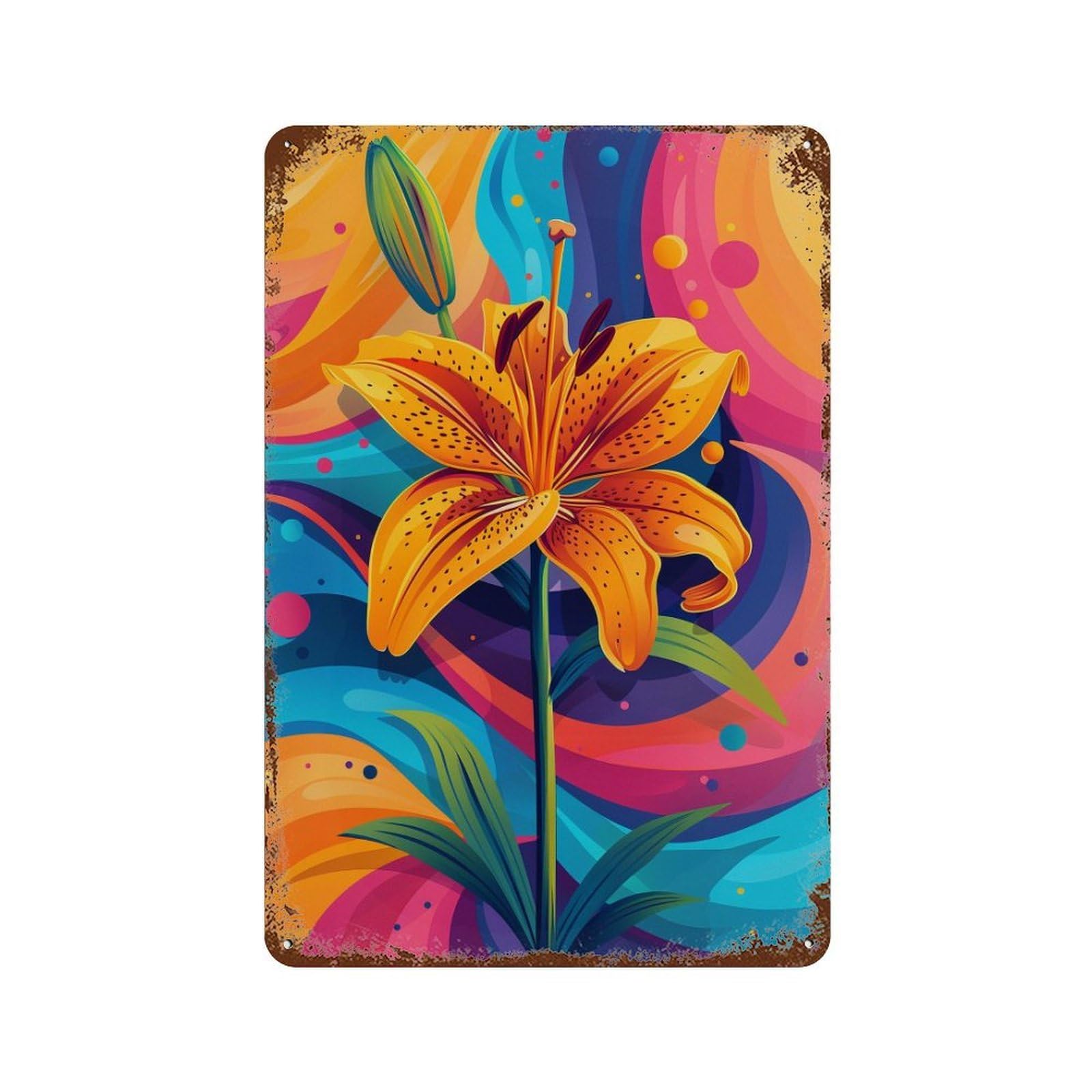Distressed Metal Wall Sign Colorful Tiger Lily Art Print-1 11.8"x7.9", Old School Wall Decor for Bistro, Counter And Cafe Decor
