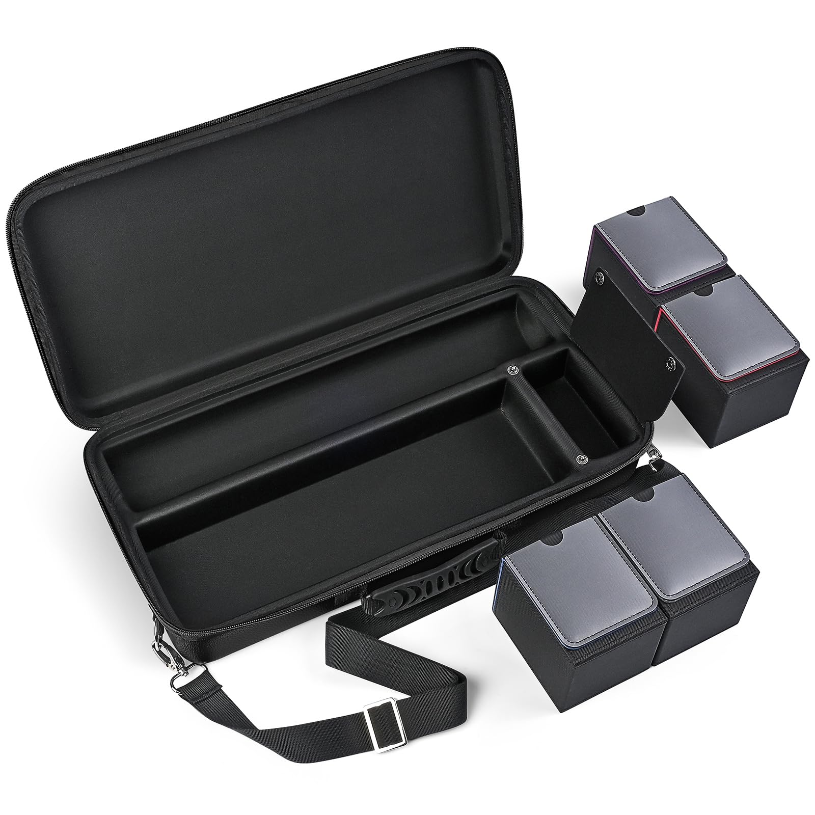 Funda de transporte para tapete de juego y mazo, para TCG/MTG Gamemat con 4 cajas de cubierta, 3 compartimentos para tapete de juego, caja de cubierta y dados, con correa de hombro ajustable