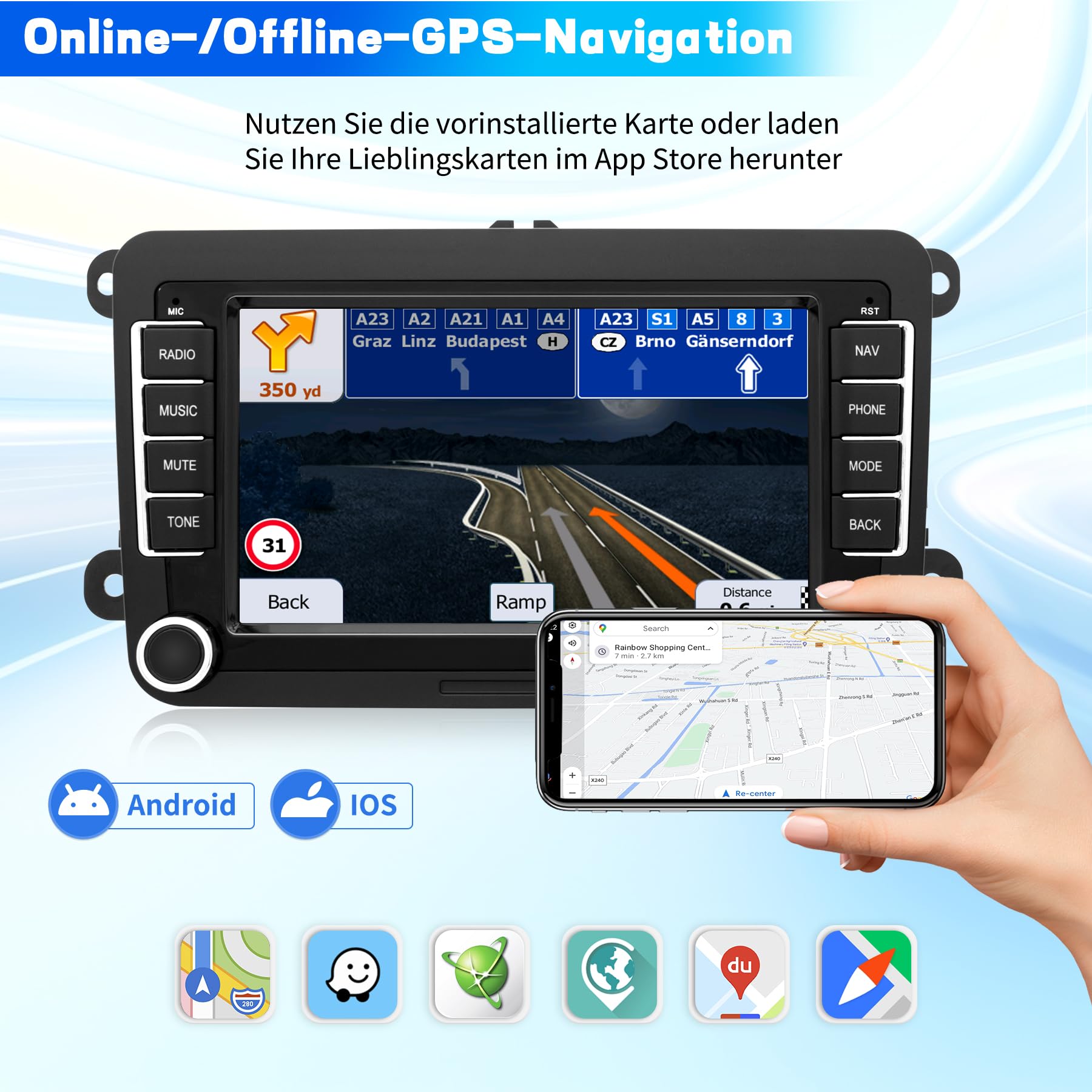 Autoradio für VW Passat Golf Polo Caddy Bettle Touran Tiguan Jetta Seat Skoda, Android 12 System 2G+64G, 7 Zoll Touchscreen Carplay Android Auto Bildschirm GPS Navi WiFi Bluetooth FM RDS Radio