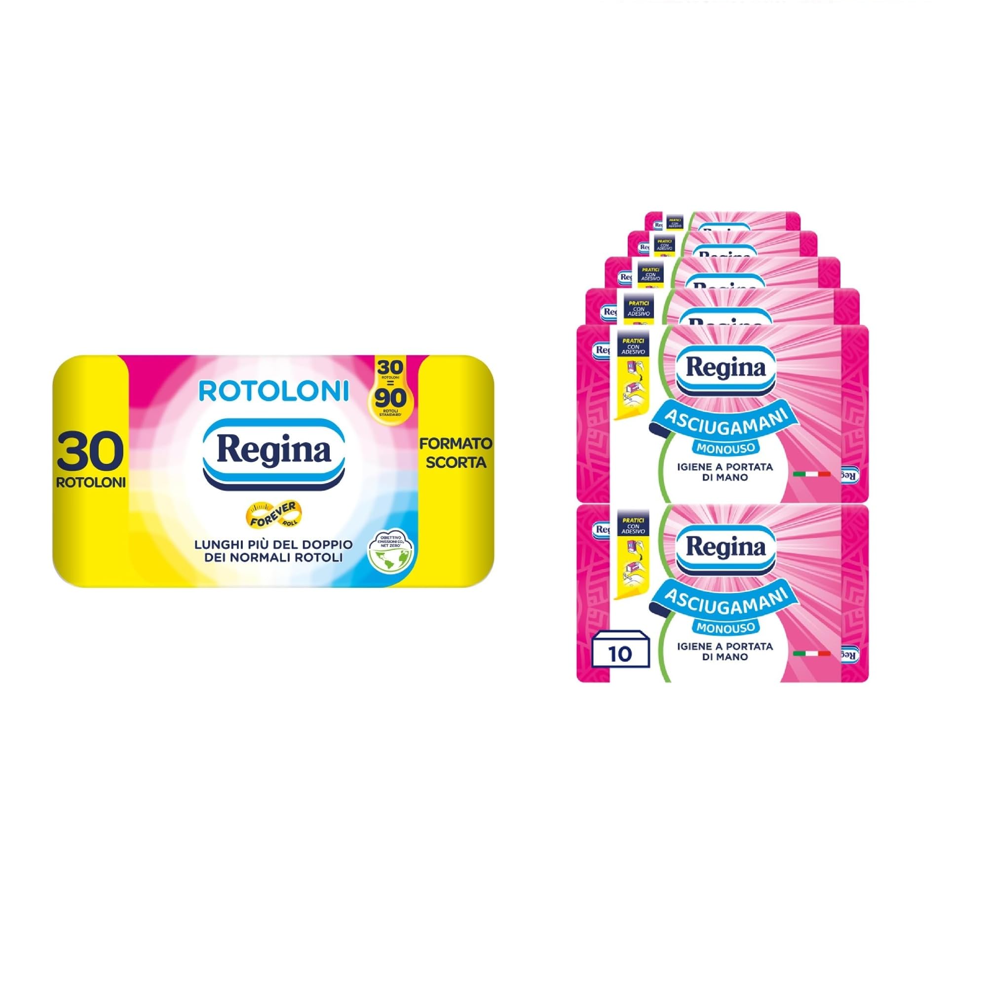 Regina 30 Rotoloni di Carta Igienica + 10 Confezioni Asciugamani Monouso | 500 Fogli a 2 Veli, Lunghi Più del Doppio dei Normali Rotoli e 100 Servizi Usa e Getta Pratici ed Igienici
