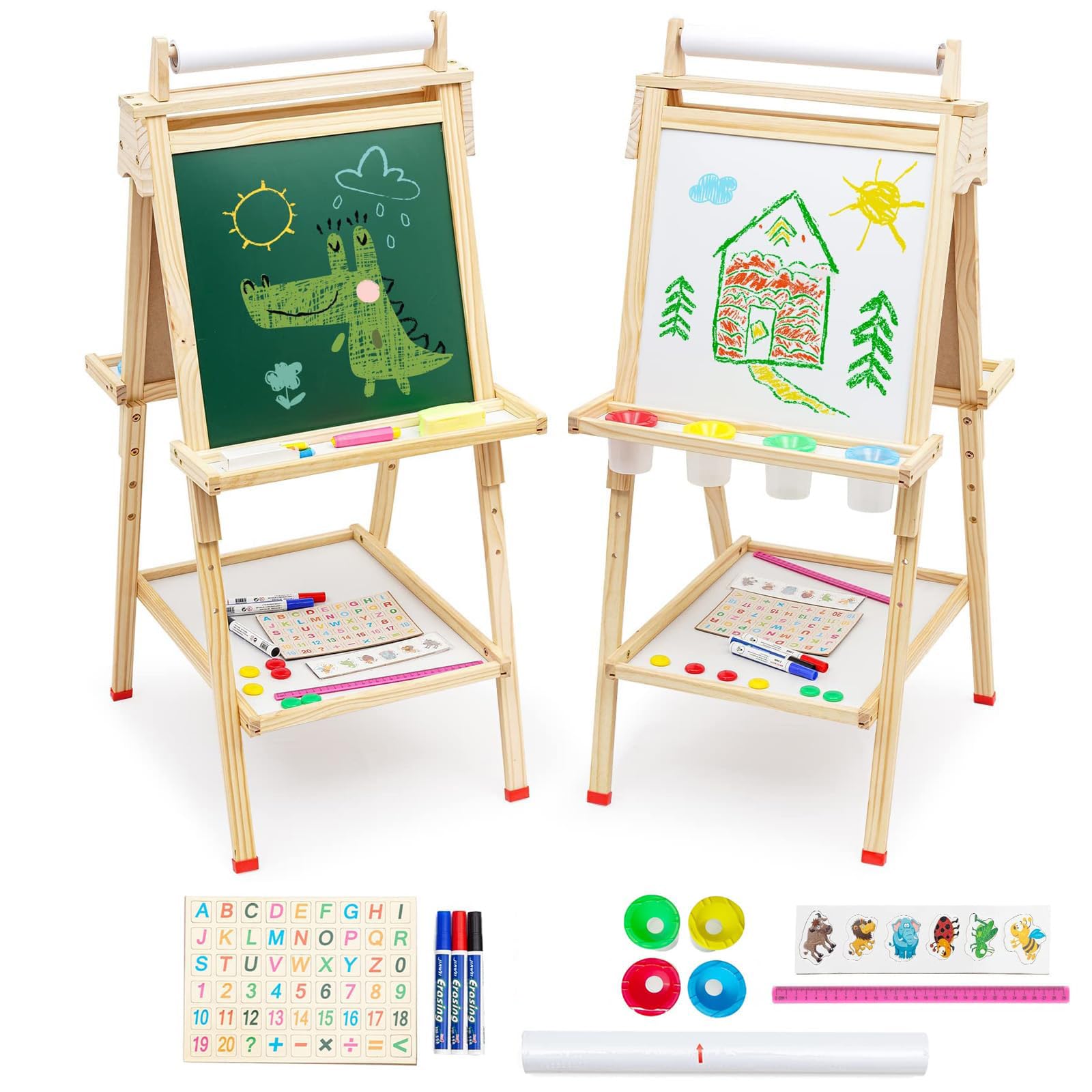 Cavalletto per bambini Tavola da gioco in legno per bambini Tavola in legno per bambini con rotolo di carta Lavagna bianca e lavagna a doppia faccia Cavalletto per bambini