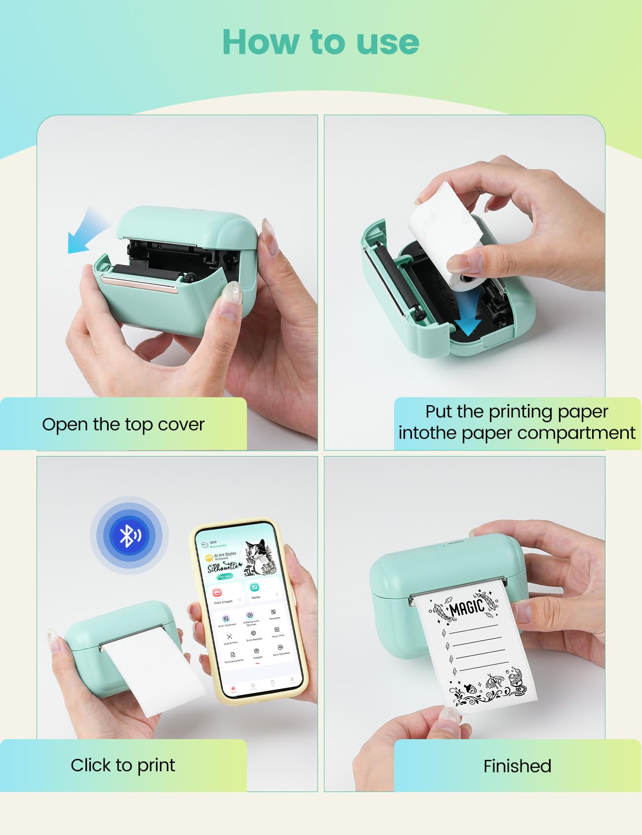 Memoking Mini Impresora térmica portátil con 3 Rollos de Papel Adhesivo, Q02E Bluetooth Impresora de Pegatinas para Estudiantes, para Notas de Estudio, Fotos, creación, anatómicos, Regalo (Verde)