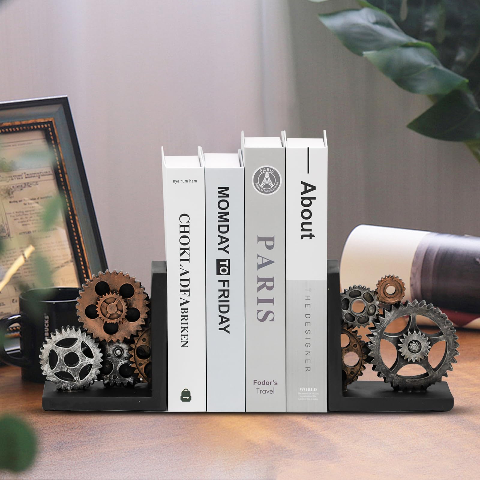 Upriver Podpórki do książek w stylu vintage, imitacja metalu, dekoracyjne końcówki do książek, w stylu steampunkowym, do domu, biura, biblioteki, szkoły