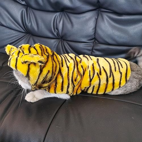 Miniatura 6 de Disfraz de tigre para perro pequeño para Halloween y mascotas, ropa de cosplay de vellón cálido con capucha para perro, chaqueta de invierno y gato
