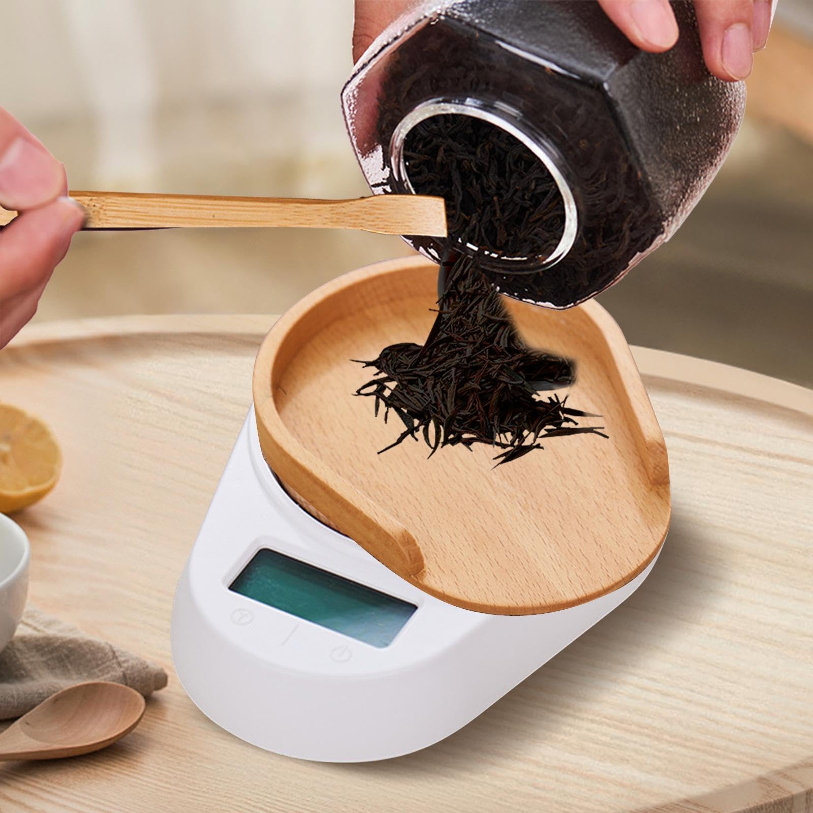 de Bolsillo Mini de Cocina 500G 0.1G Decoración Preparación de Té de Té Portátil Multiusos Pesaje de Hojas de Té para, Blanco con bandeja, tal como se describe
