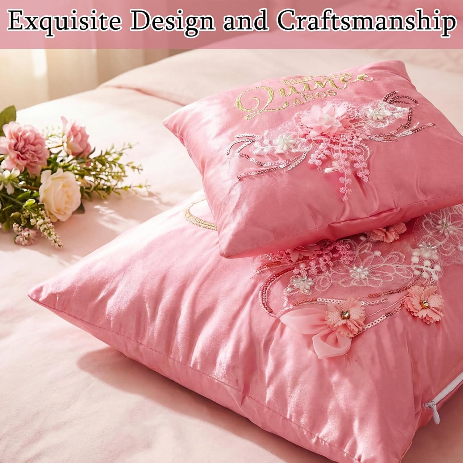 Mixweer 2 Sets/ 4 Pcs Cojines Pink Quinceañera Pillow Set 2 Pcs Quinceañera Embroidered Pillow Decorative with 2 Covers Cojines para 15 Años De Quinceañera Wedding Decorations Mis Gifts