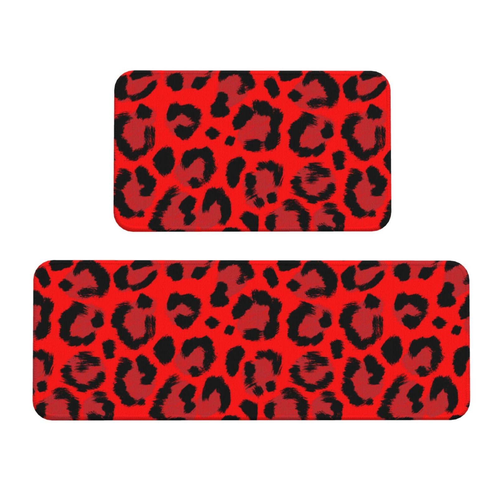 GVYGVY Antifatigue Kitchen Mats for Floor 2 Piece - Leopard red Print Kitchen Rugs Washable, Non Slip Runner Rug Standing Mat for Office/Bathroom/Laundry/Home Decor and Accessories
